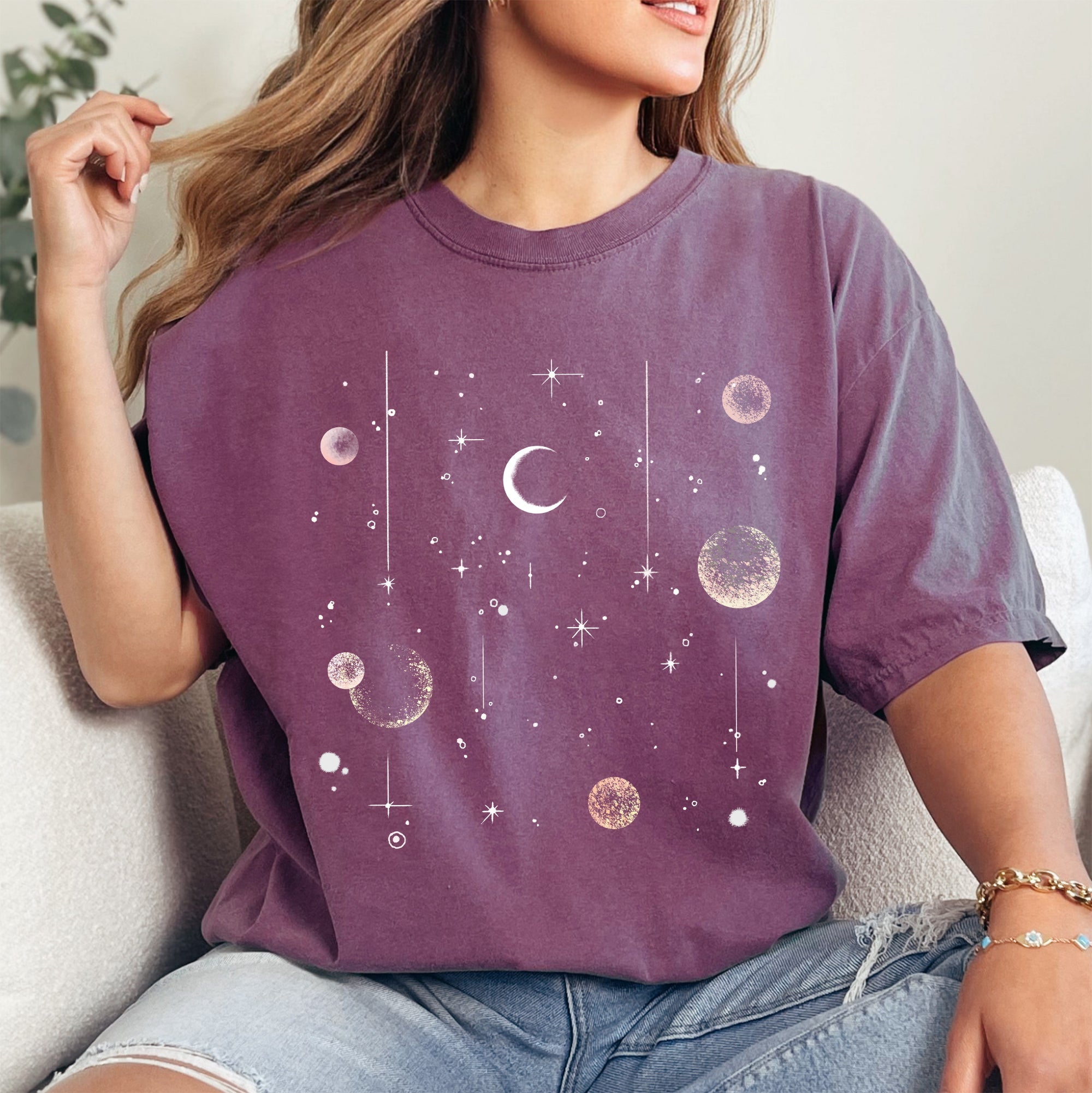 Celestial Moon Phase Astrology Boho Oversized Vintage Subtle Cosmic Print Comfort Colors Tee Refinery No. 1