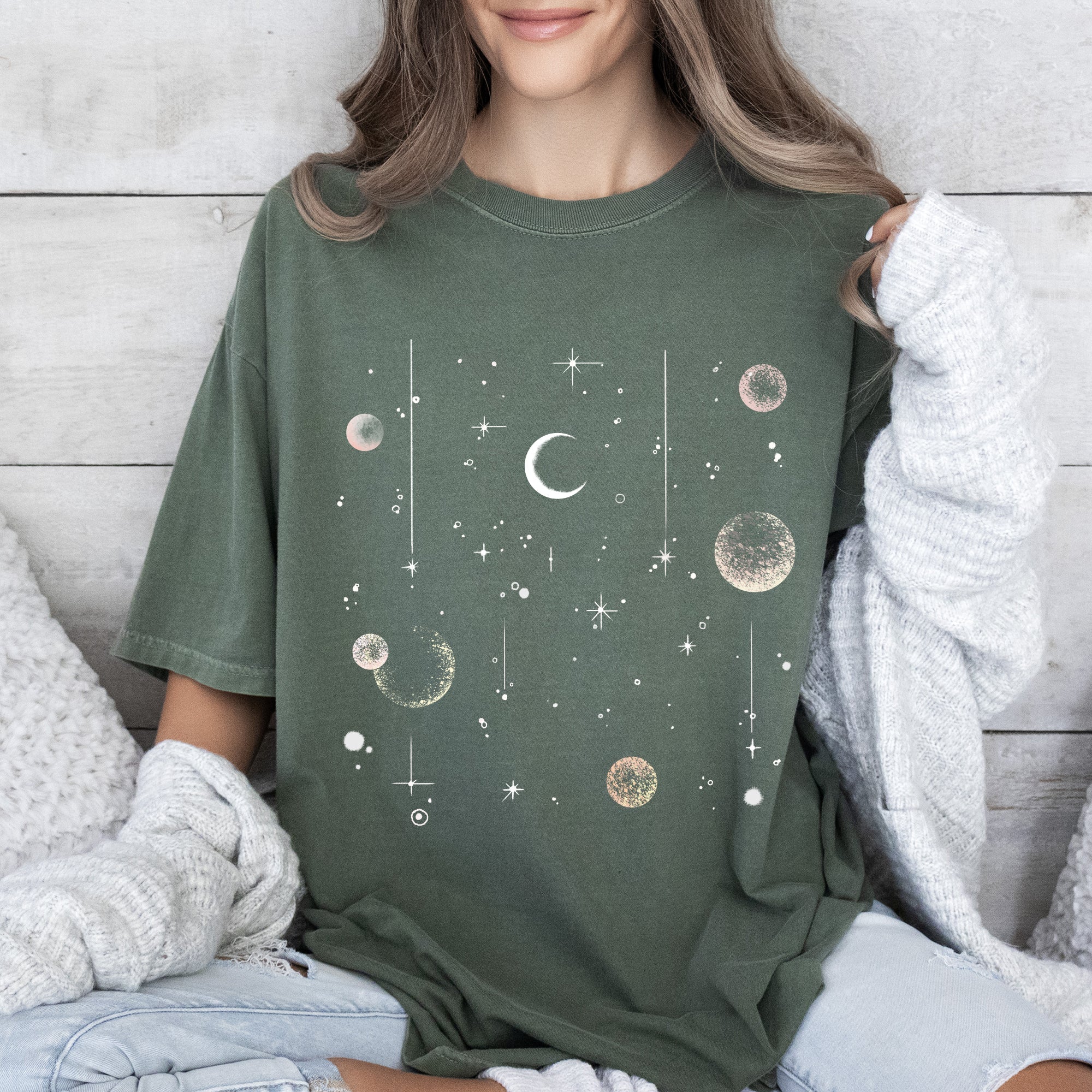 Celestial Moon Phase Astrology Boho Oversized Vintage Subtle Cosmic Print Comfort Colors Tee Refinery No. 1
