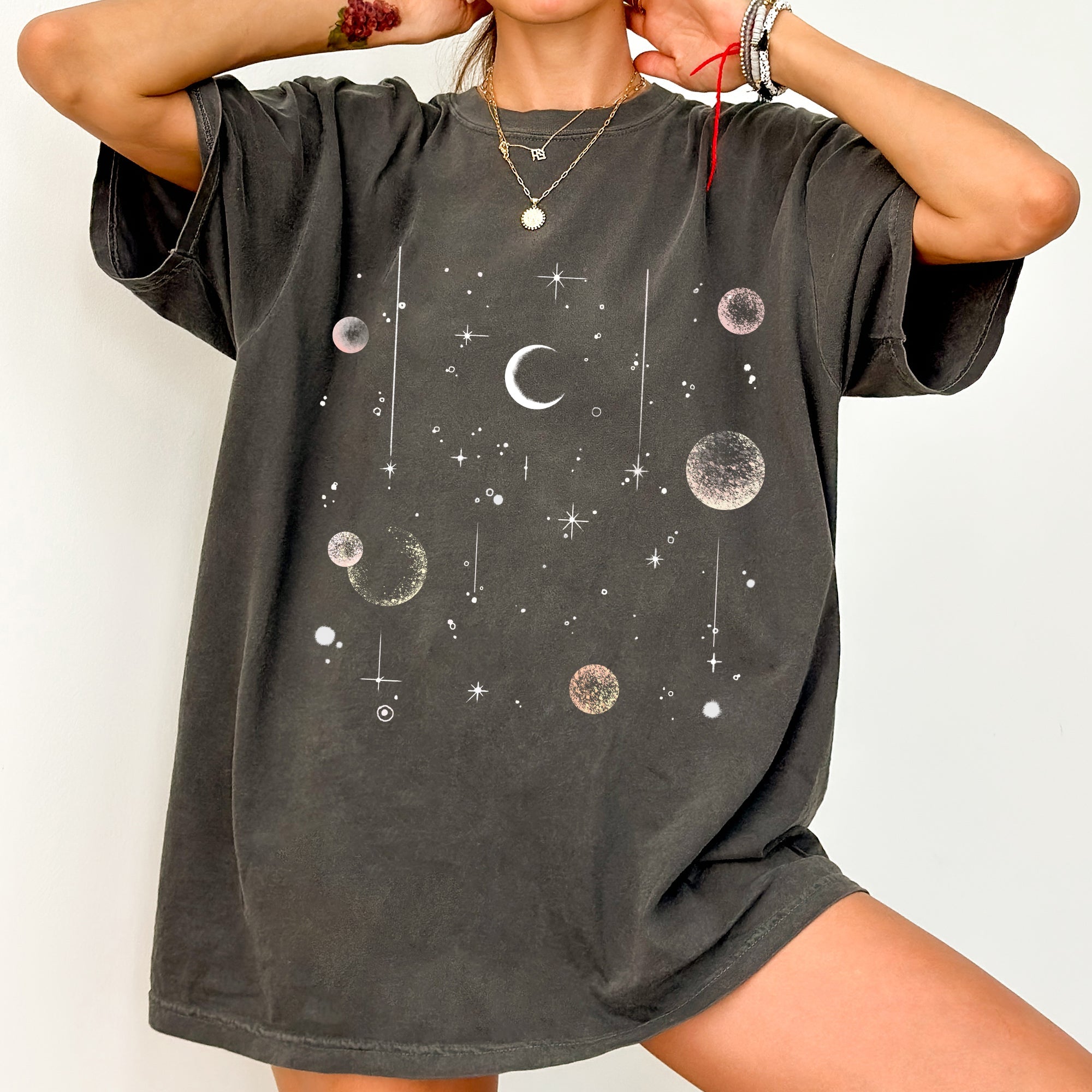 Celestial Moon Phase Astrology Boho Oversized Vintage Subtle Cosmic Print Comfort Colors Tee Refinery No. 1