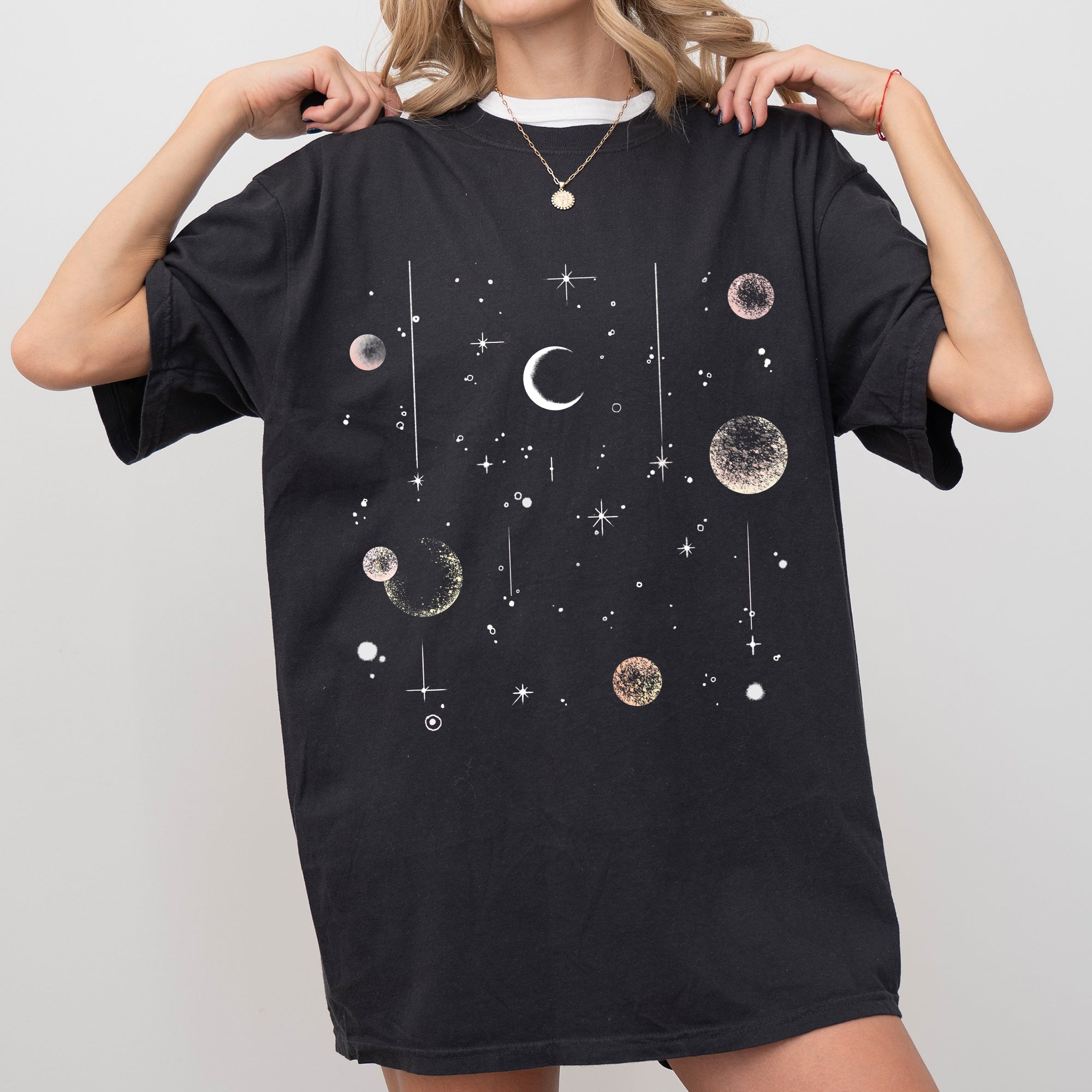 Celestial Moon Phase Astrology Boho Oversized Vintage Subtle Cosmic Print Comfort Colors Tee Refinery No. 1
