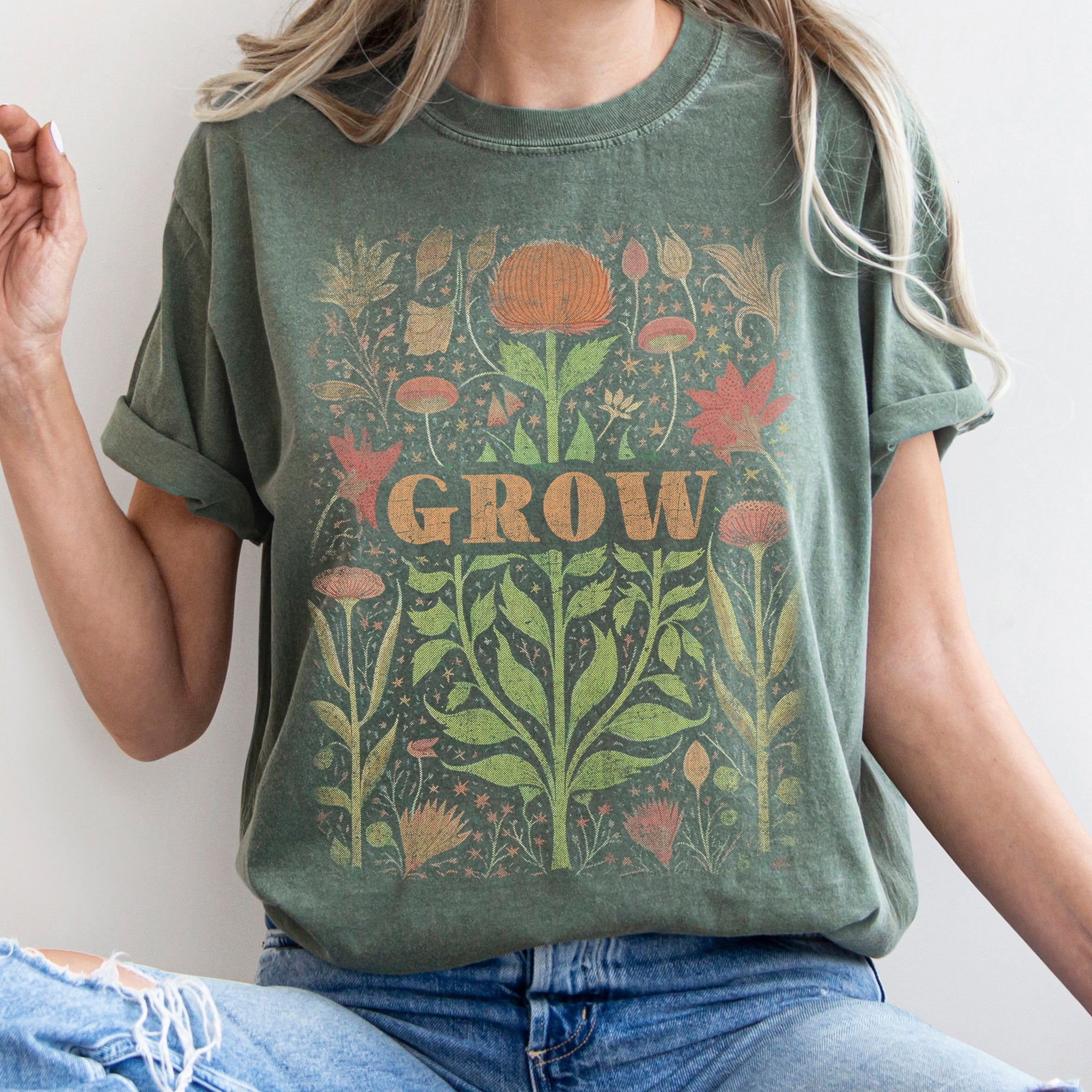 Folk Art Vintage Grow Garden Illustration Hand Drawn Print Vintage Style Artwork Comfort Colors Tee Refinery No. 1