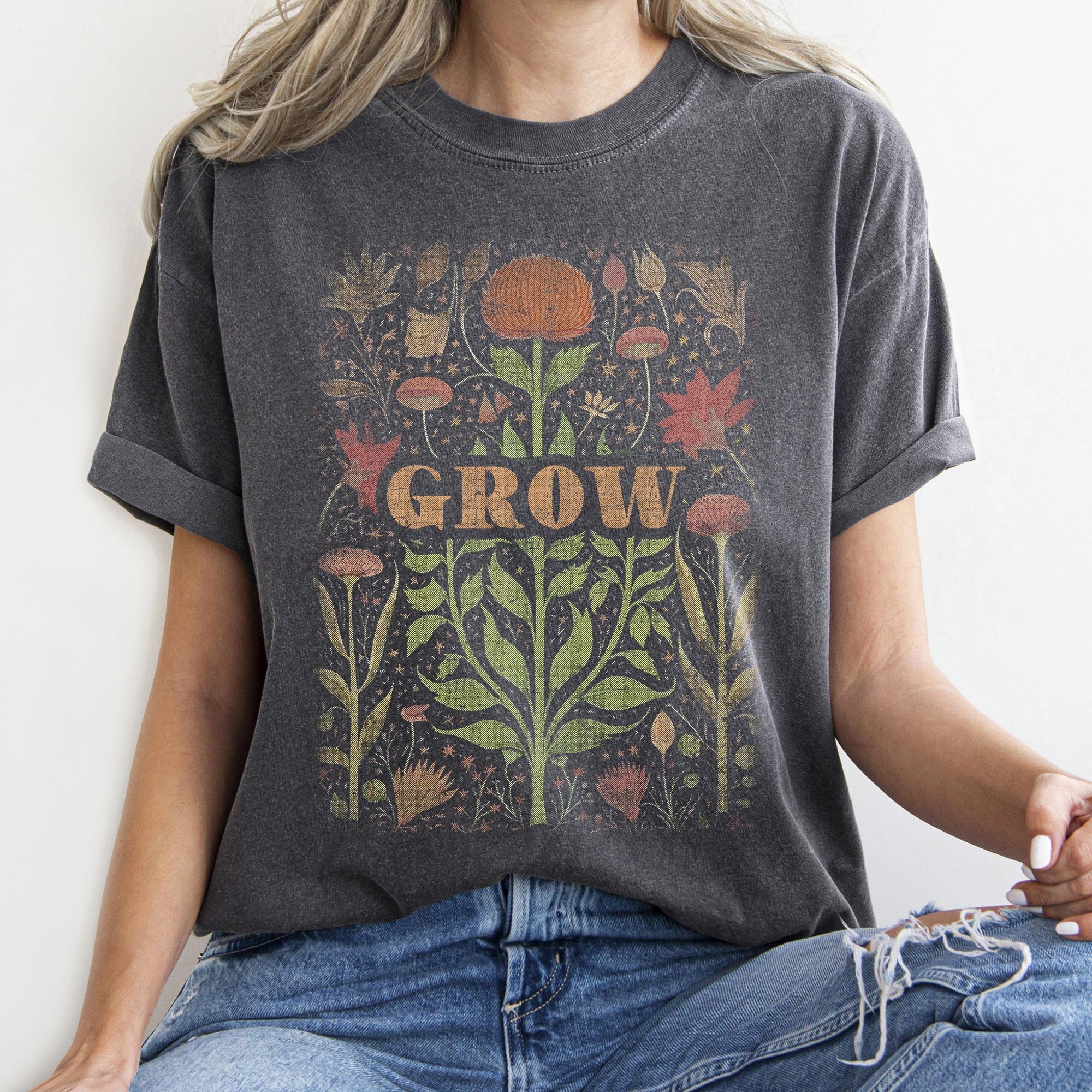 Folk Art Vintage Grow Garden Illustration Hand Drawn Print Vintage Style Artwork Comfort Colors Tee Refinery No. 1