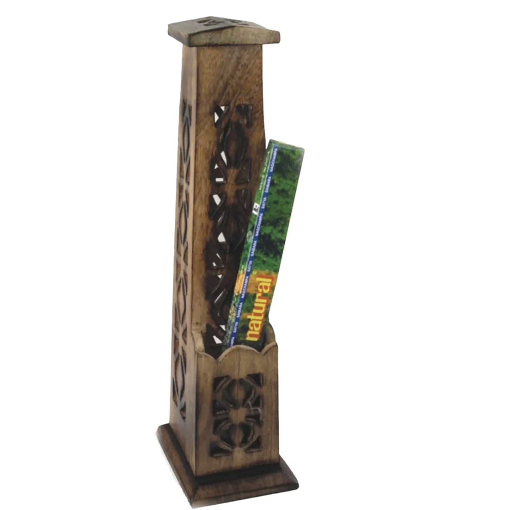 12" Carved Wooden Incense Burner Tower Sacred Crystals