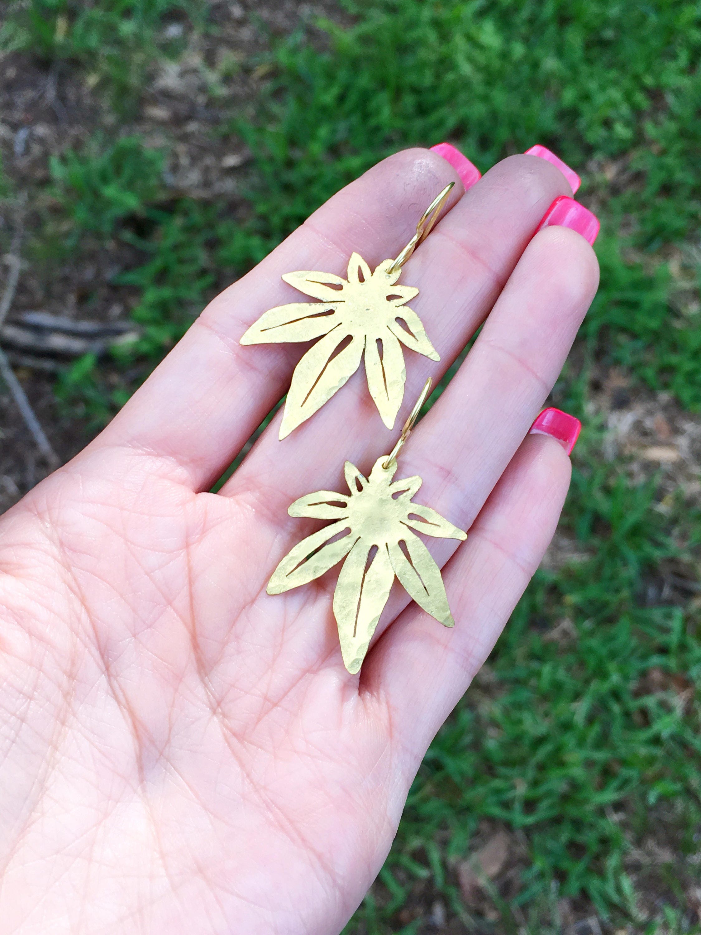 cannabis leaf earrings, mini metal cannabis leaf earrings, greenery Adriana Soto Joyeria