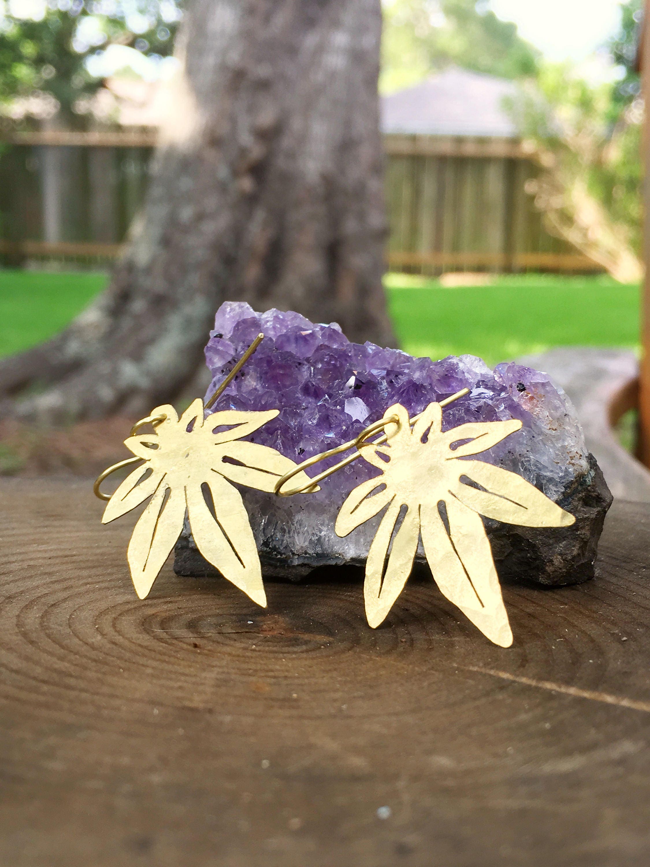 cannabis leaf earrings, mini metal cannabis leaf earrings, greenery Adriana Soto Joyeria