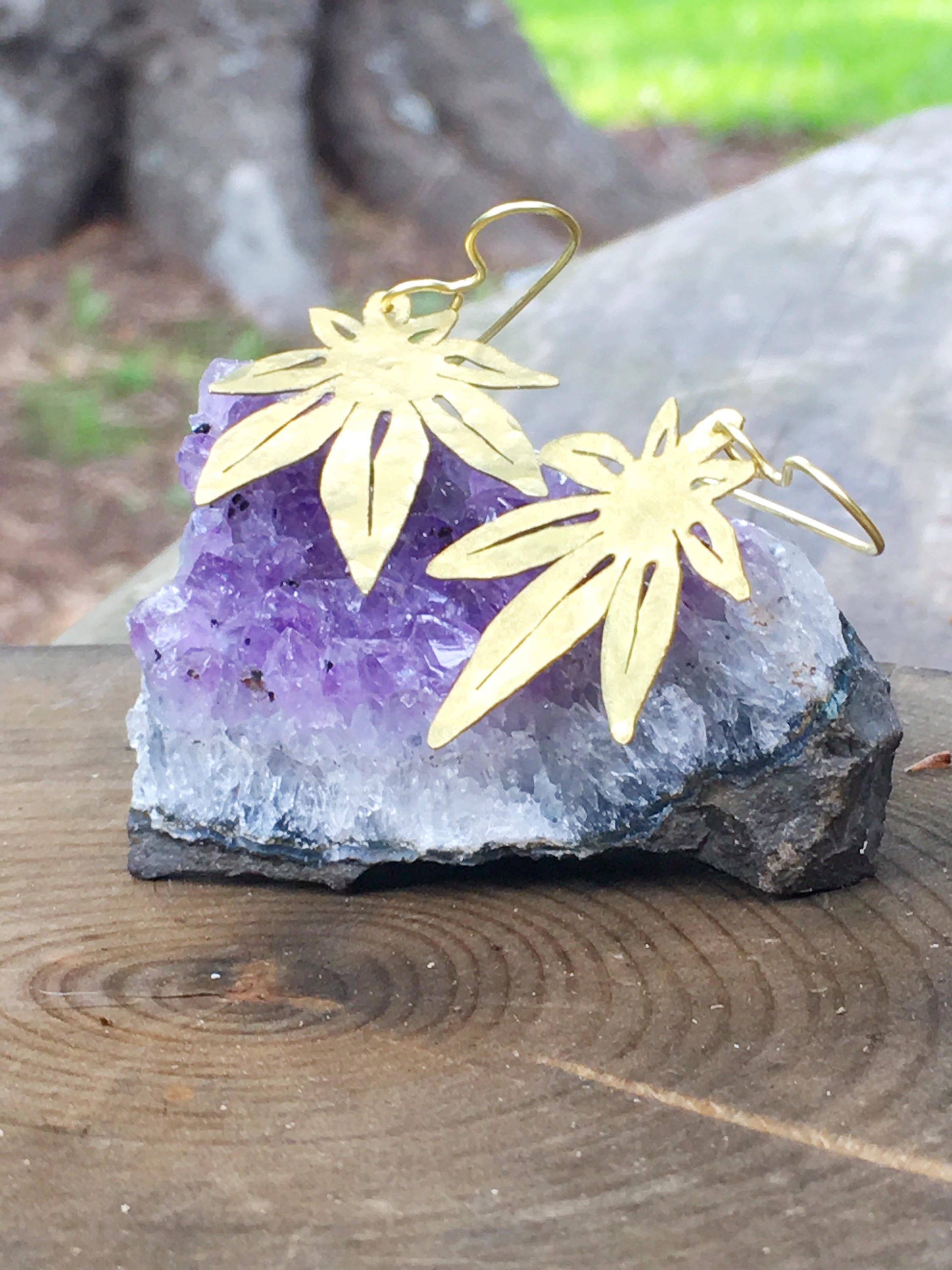 cannabis leaf earrings, mini metal cannabis leaf earrings, greenery Adriana Soto Joyeria