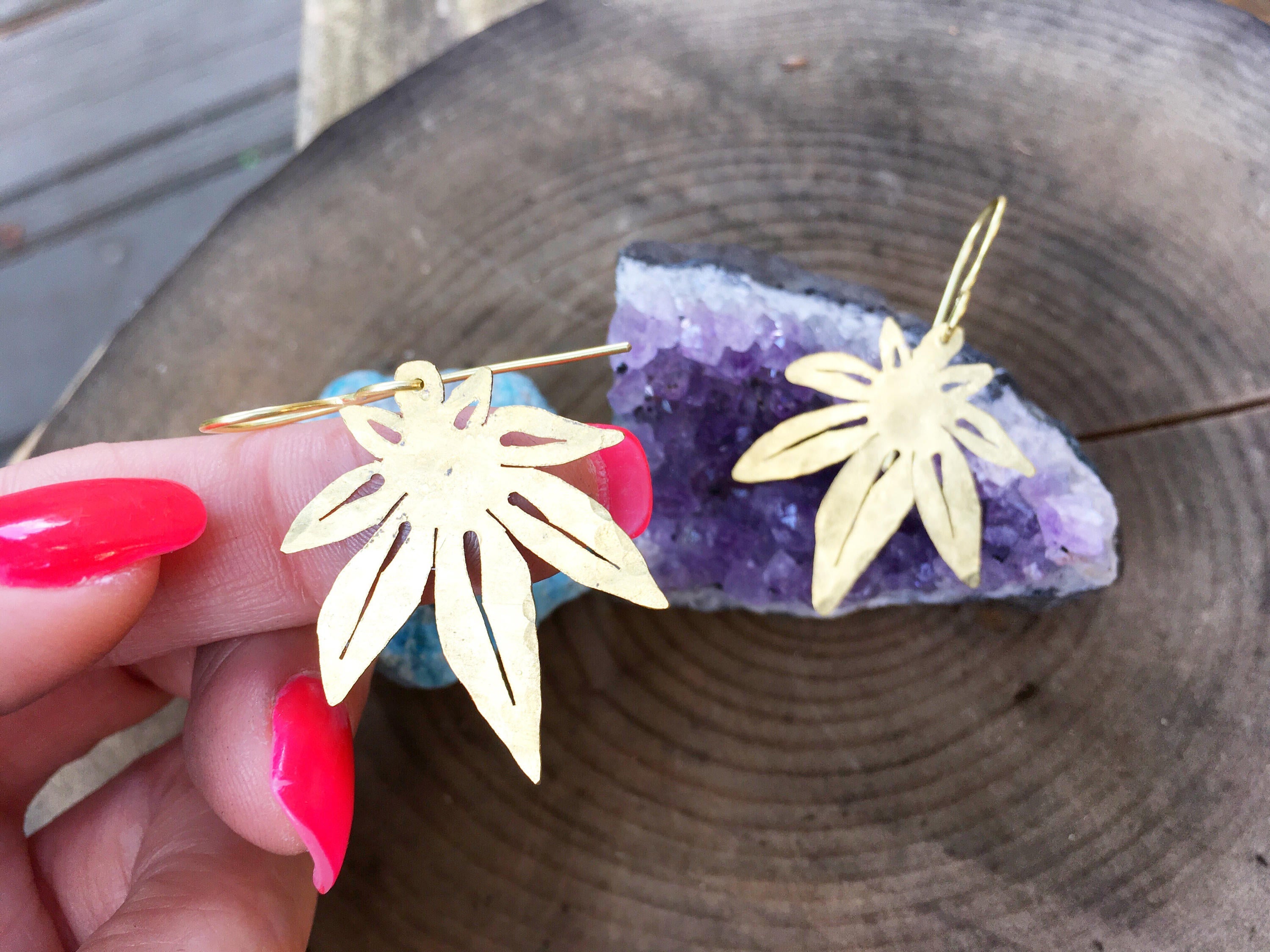 cannabis leaf earrings, mini metal cannabis leaf earrings, greenery Adriana Soto Joyeria