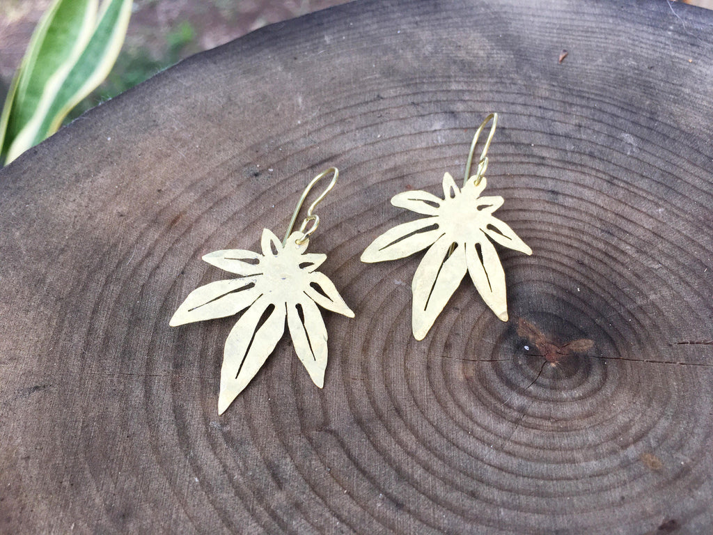 cannabis leaf earrings, mini metal cannabis leaf earrings, greenery Adriana Soto Joyeria