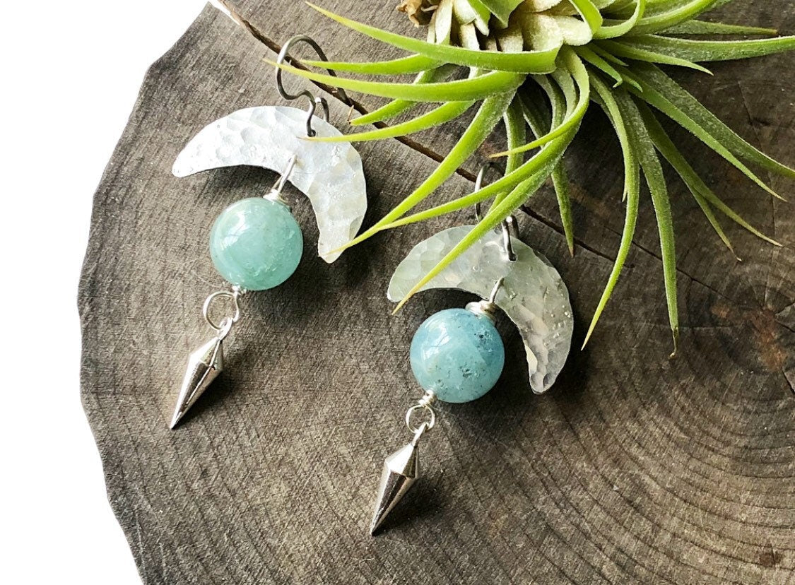 Handmade Crescent Moon Aquamarine Earrings: Aluminum & Stainless Steel Adriana Soto Joyeria