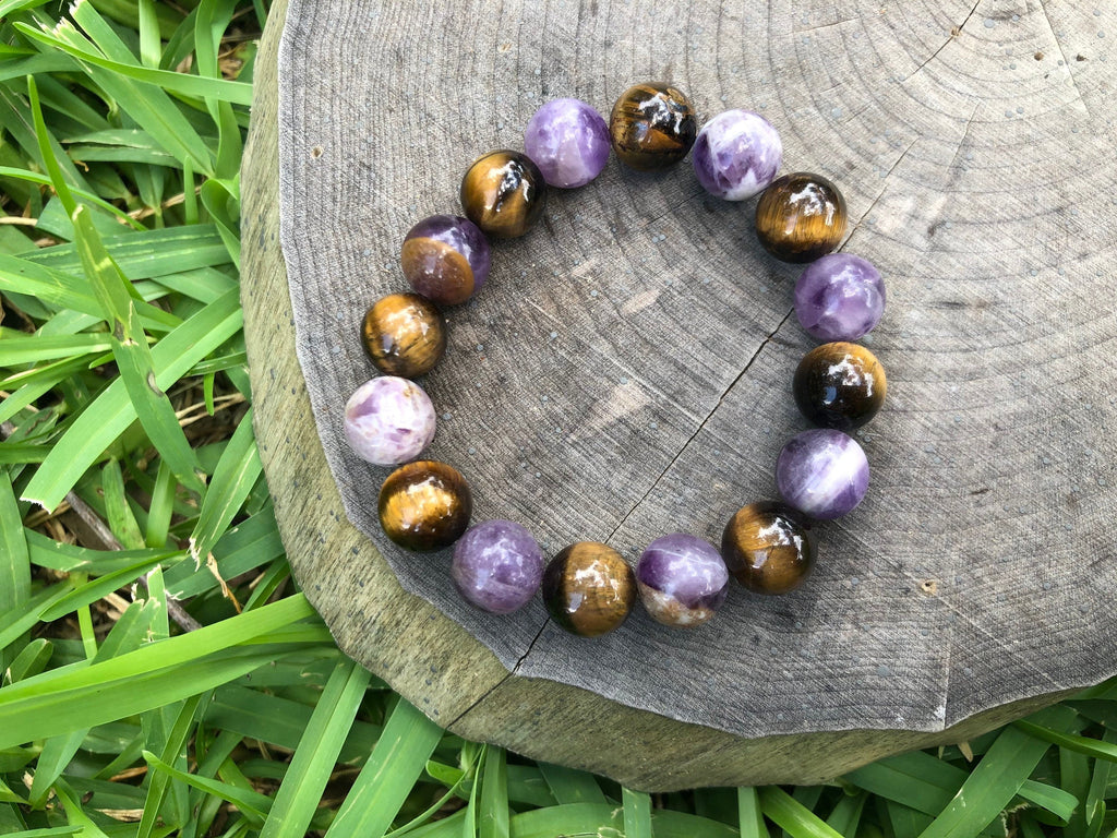 Amethyst & Tiger Eye Stretch Bracelet: Handmade Gemstone Jewelry Adriana Soto Joyeria