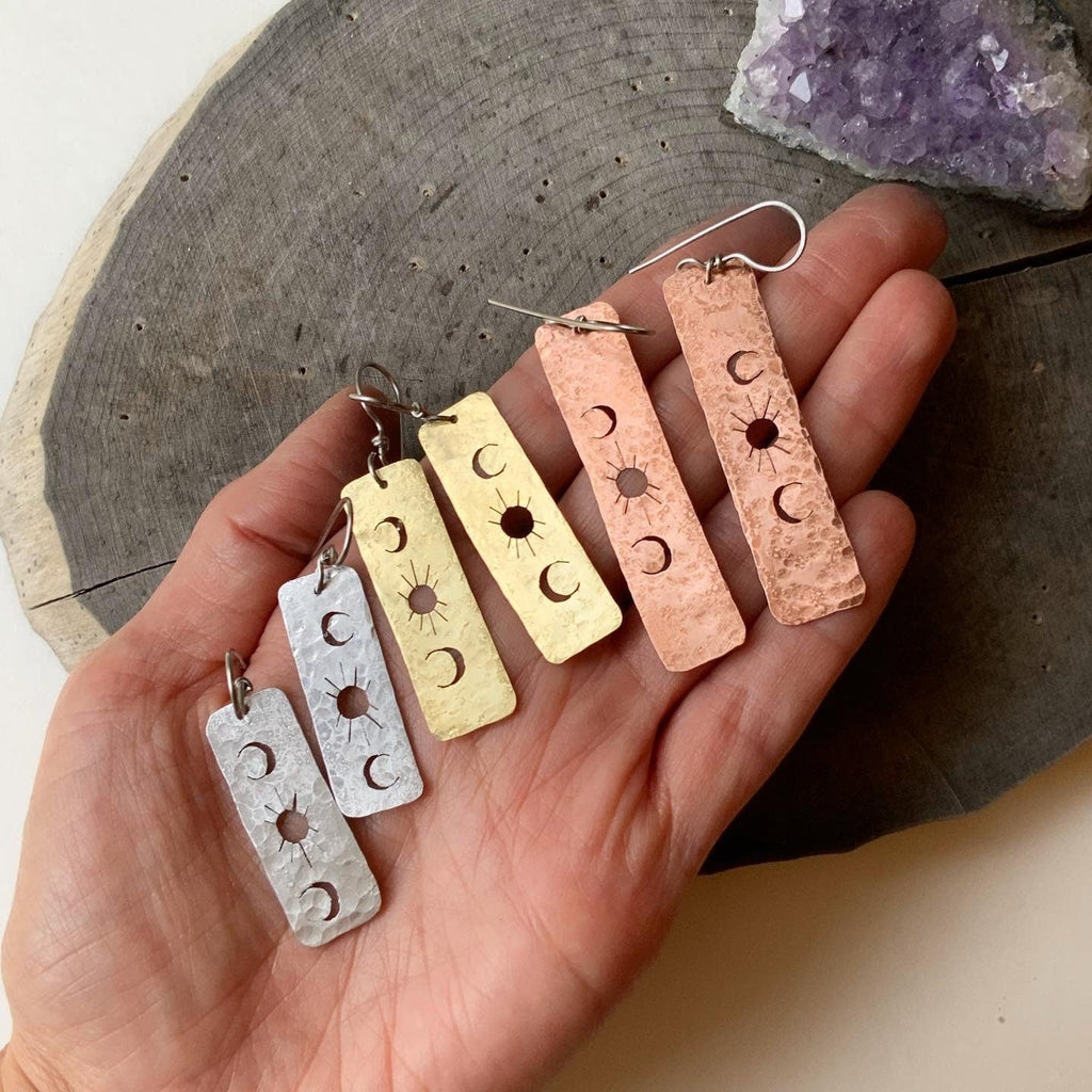 Solar Phase hammered bar earrings, celestial brass bar dangles Adriana Soto Joyeria
