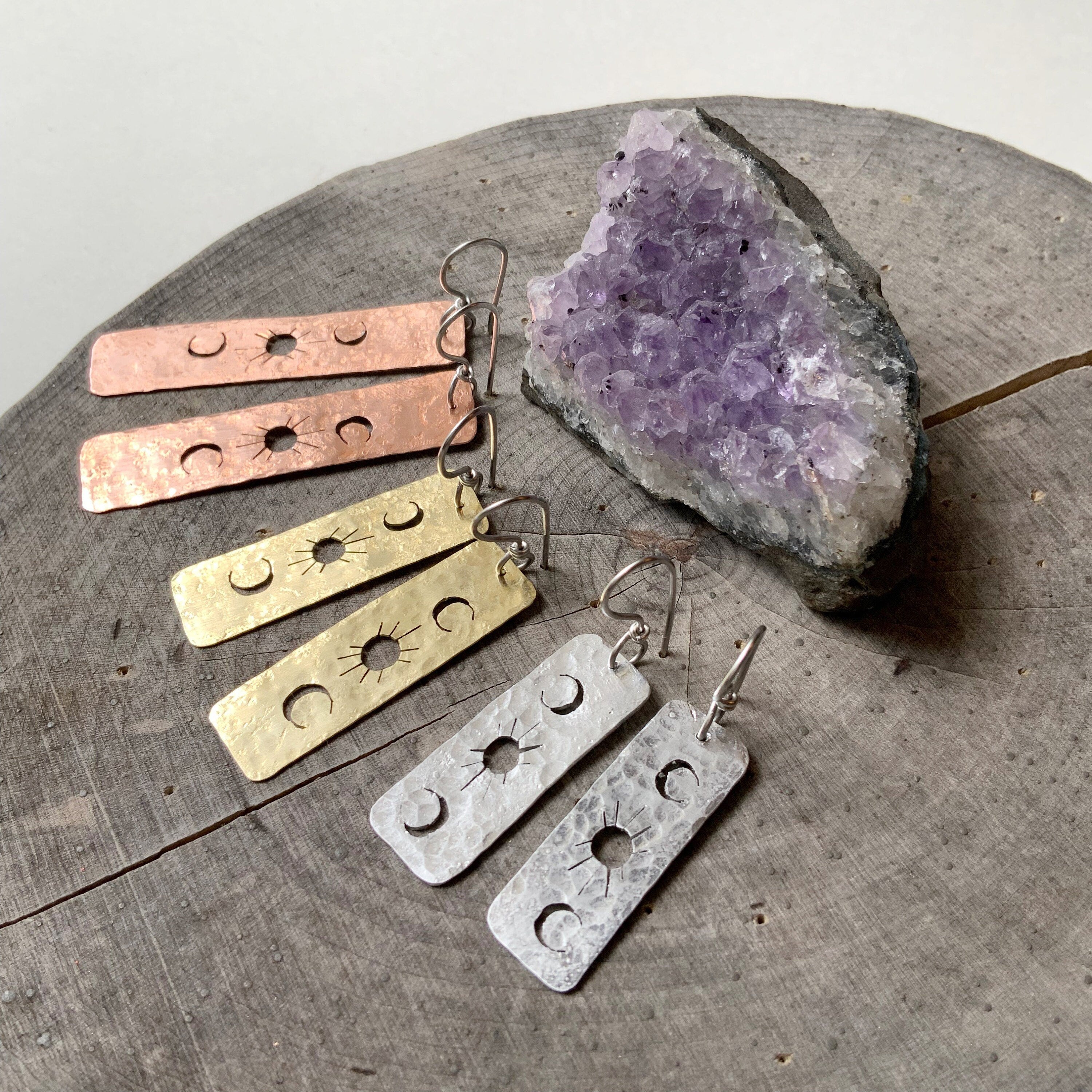 Solar Phase hammered bar earrings, celestial brass bar dangles Adriana Soto Joyeria