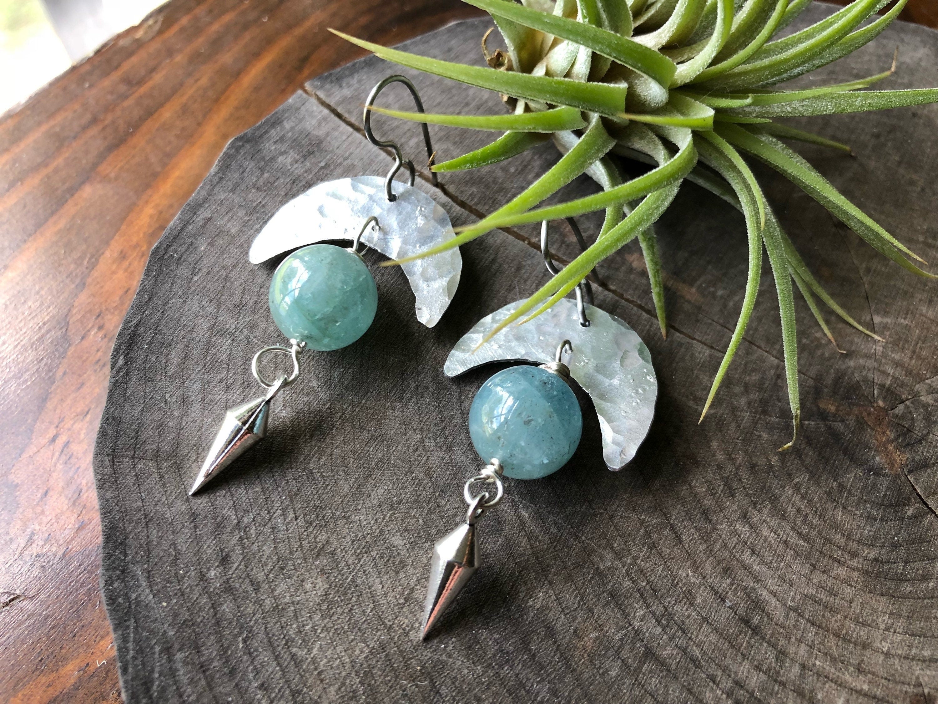 Handmade Crescent Moon Aquamarine Earrings: Aluminum & Stainless Steel Adriana Soto Joyeria