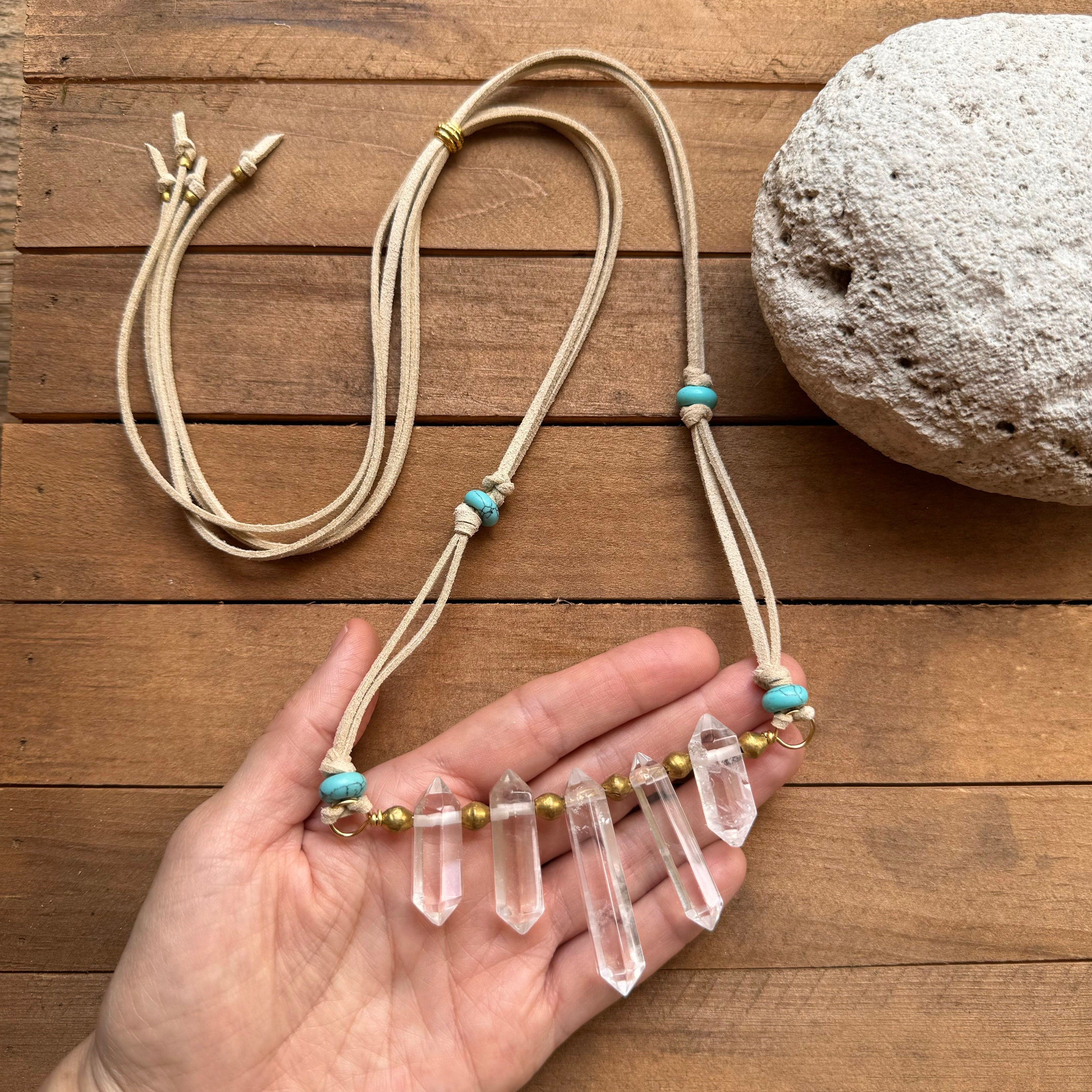 Quartz Crystal Point Necklace: Vegan Suede Cord with Blue Magnesite Adriana Soto Joyeria
