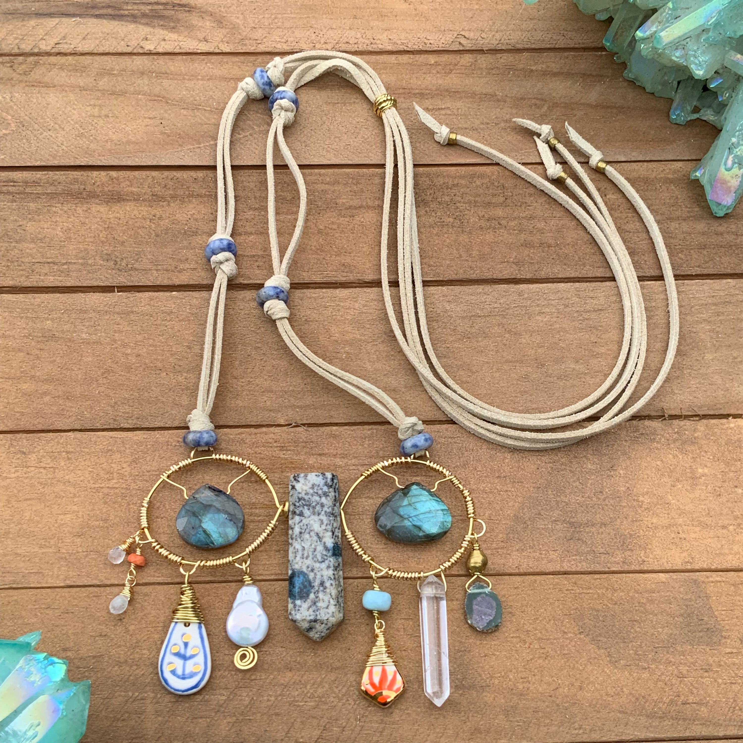 Handmade Ceramic Bead Necklace: Labradorite, Ruby, Opal, Vegan Suede Adriana Soto Joyeria