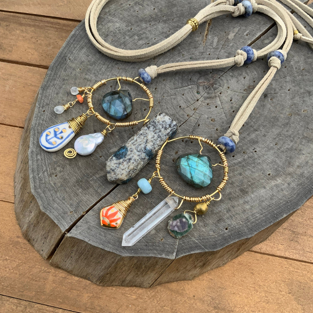 Handmade Ceramic Bead Necklace: Labradorite, Ruby, Opal, Vegan Suede Adriana Soto Joyeria