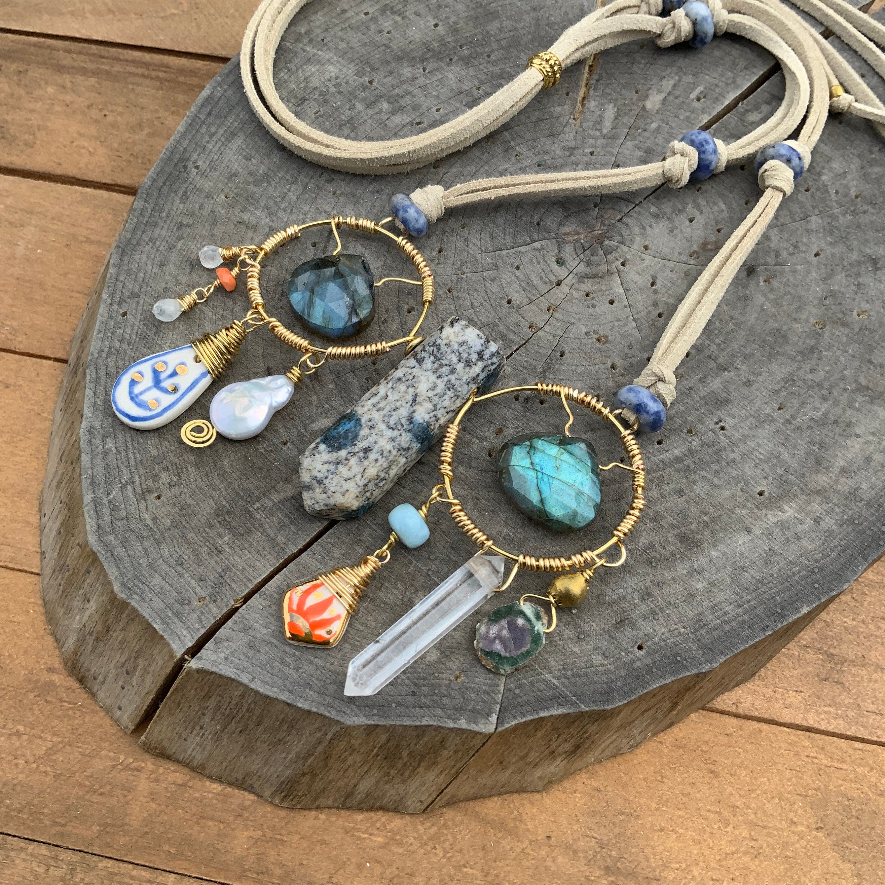 Handmade Ceramic Bead Necklace: Labradorite, Ruby, Opal, Vegan Suede Adriana Soto Joyeria