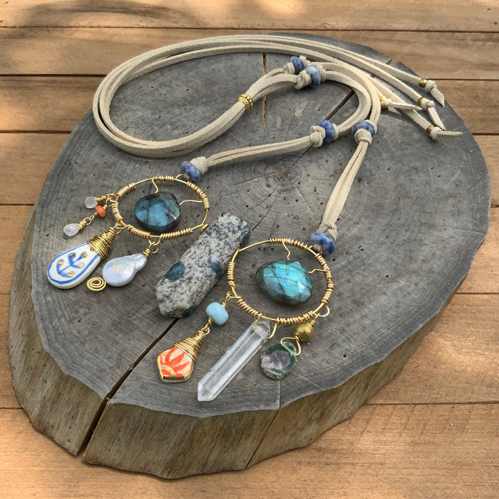 Handmade Ceramic Bead Necklace: Labradorite, Ruby, Opal, Vegan Suede Adriana Soto Joyeria