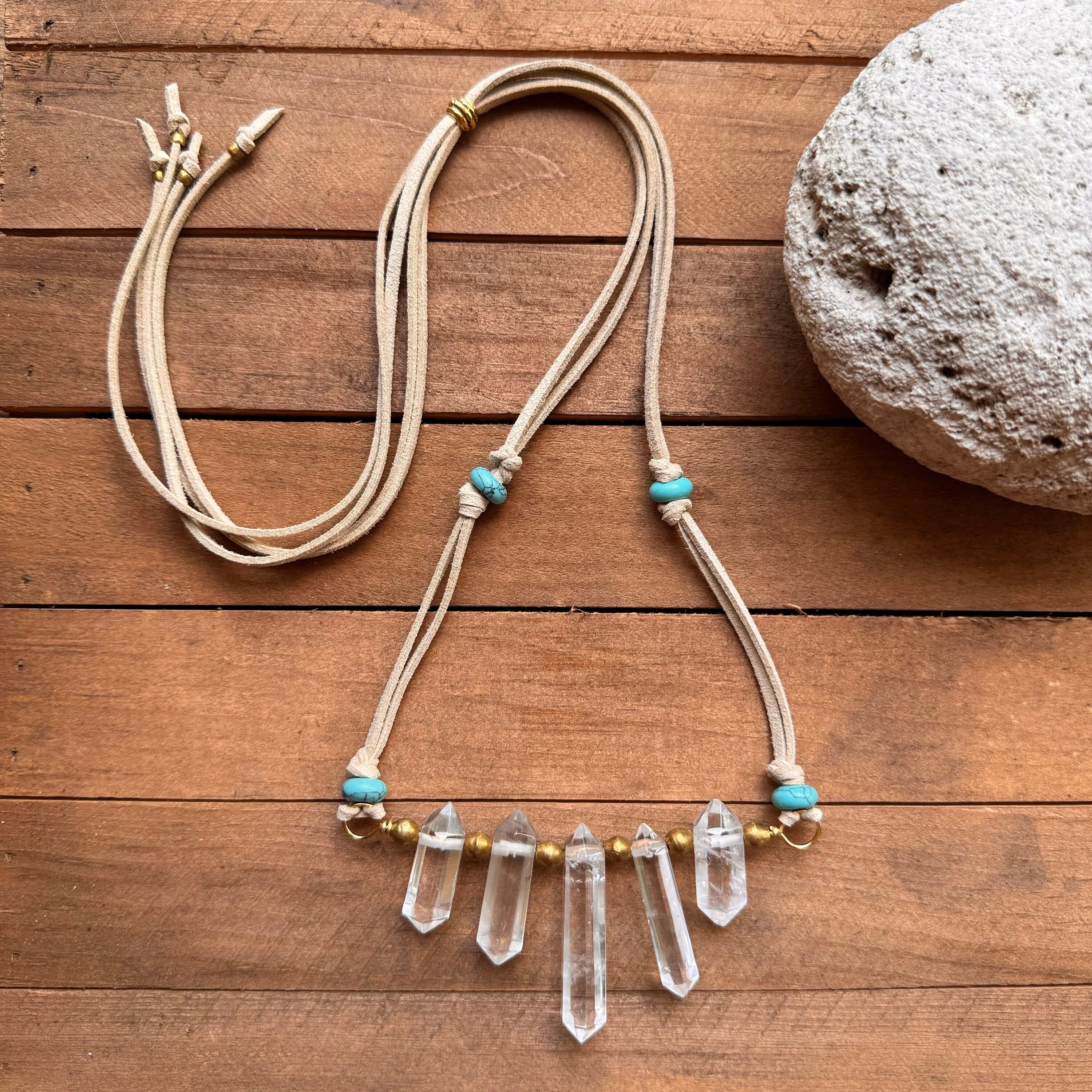 Quartz Crystal Point Necklace: Vegan Suede Cord with Blue Magnesite Adriana Soto Joyeria