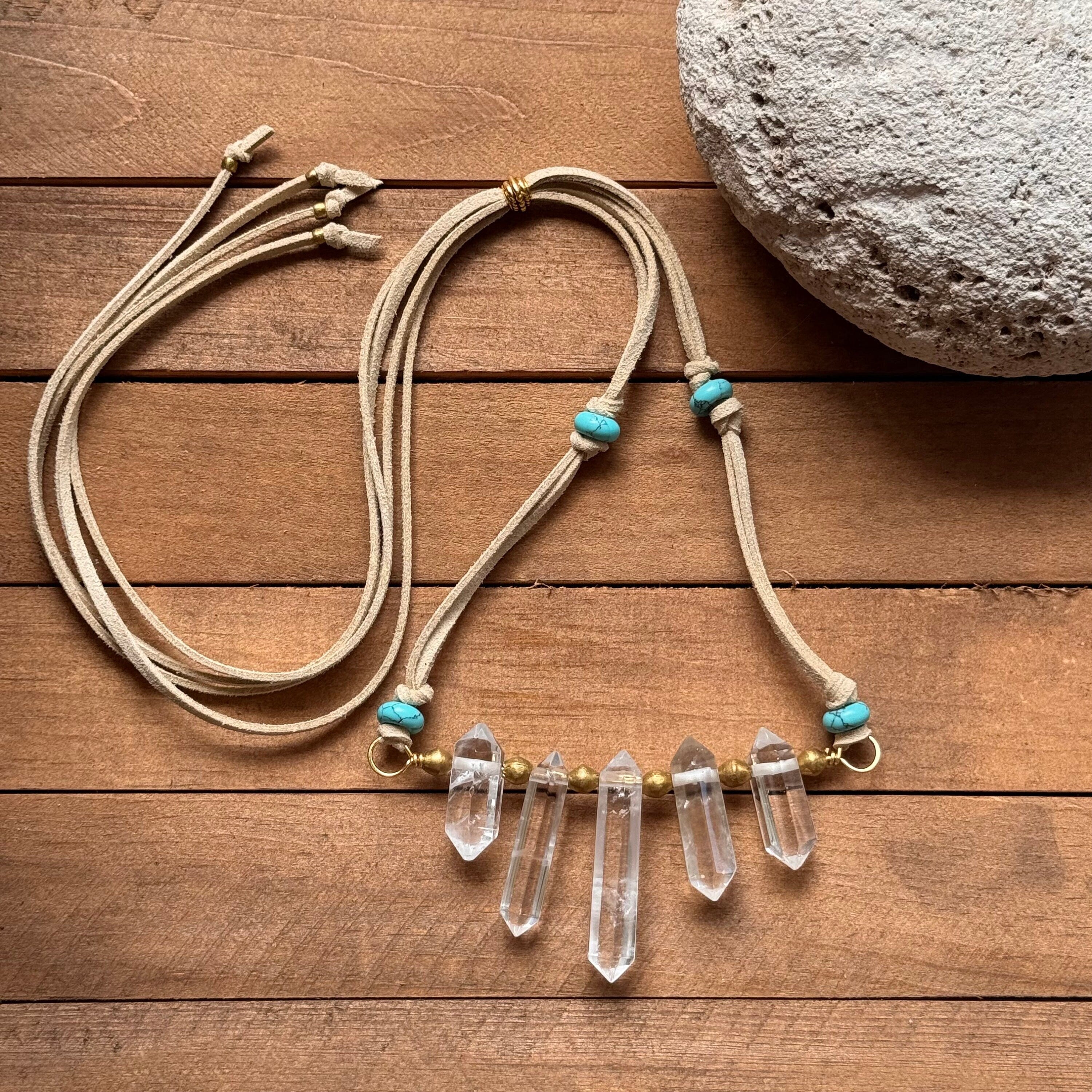 Quartz Crystal Point Necklace: Vegan Suede Cord with Blue Magnesite Adriana Soto Joyeria