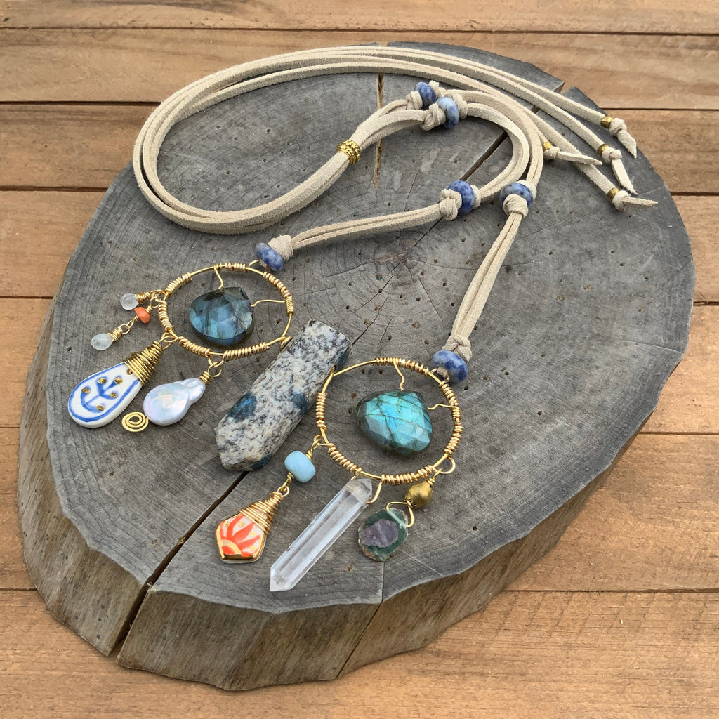 Handmade Ceramic Bead Necklace: Labradorite, Ruby, Opal, Vegan Suede Adriana Soto Joyeria
