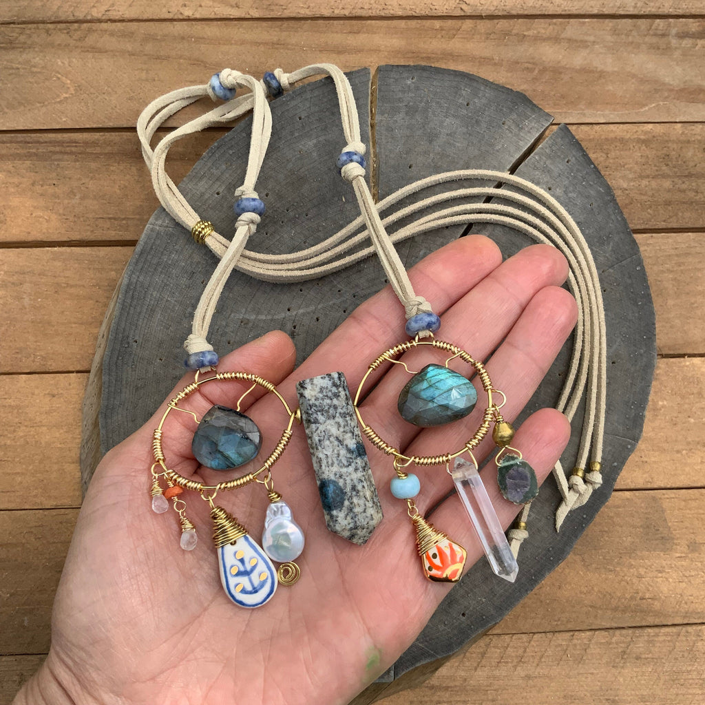 Handmade Ceramic Bead Necklace: Labradorite, Ruby, Opal, Vegan Suede Adriana Soto Joyeria