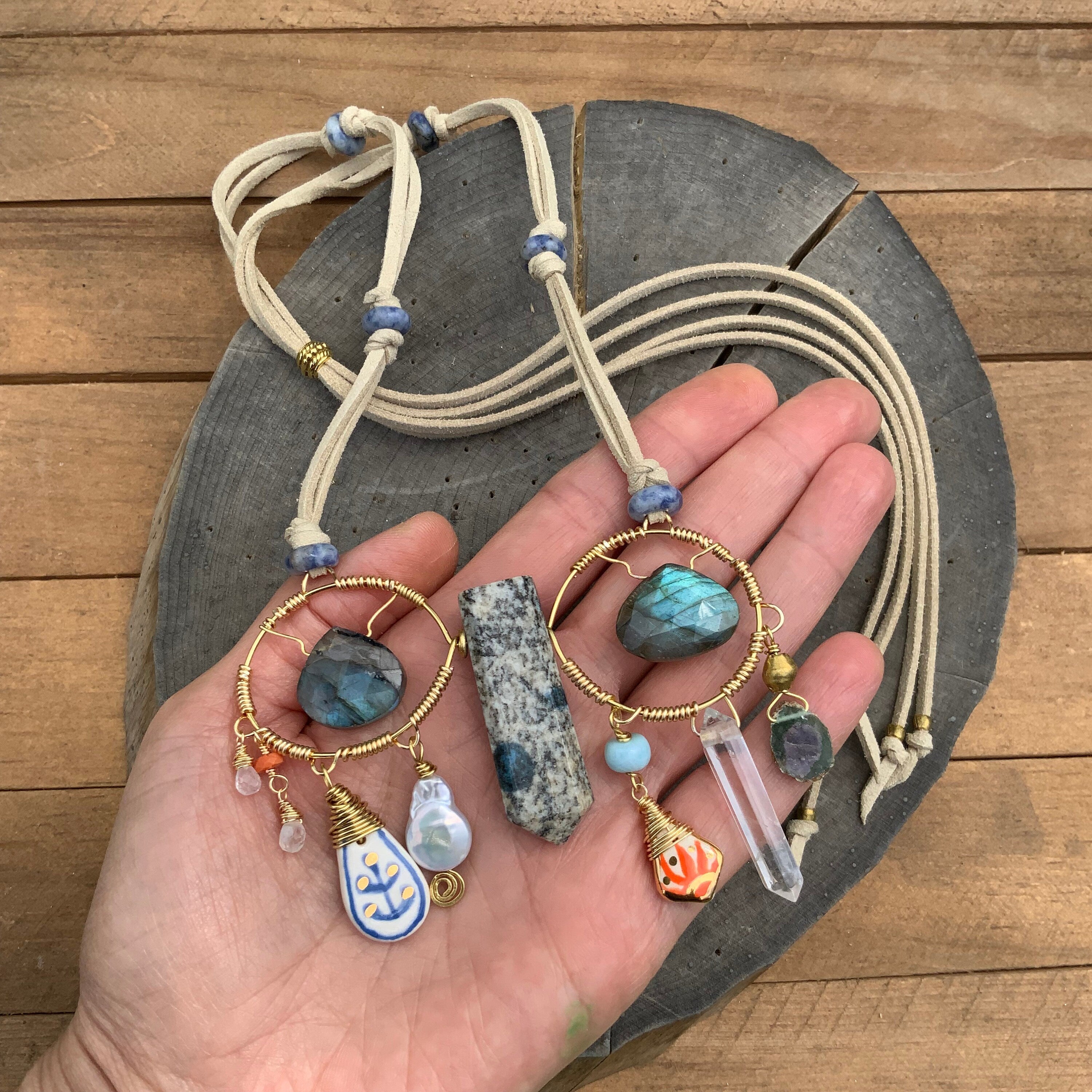 Handmade Ceramic Bead Necklace: Labradorite, Ruby, Opal, Vegan Suede Adriana Soto Joyeria
