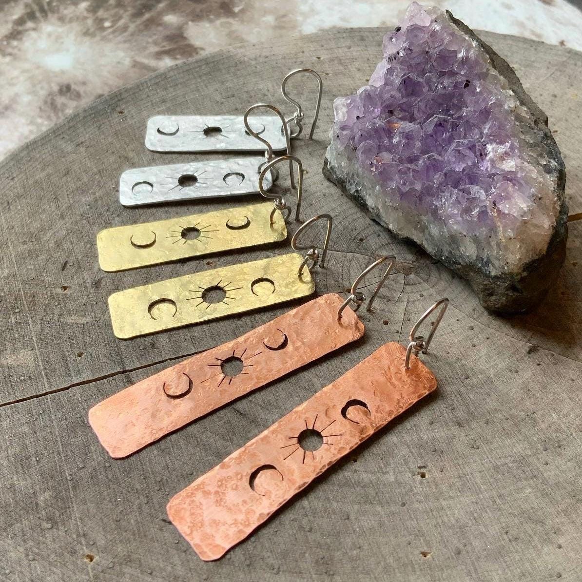 Solar Phase hammered bar earrings, celestial brass bar dangles Adriana Soto Joyeria