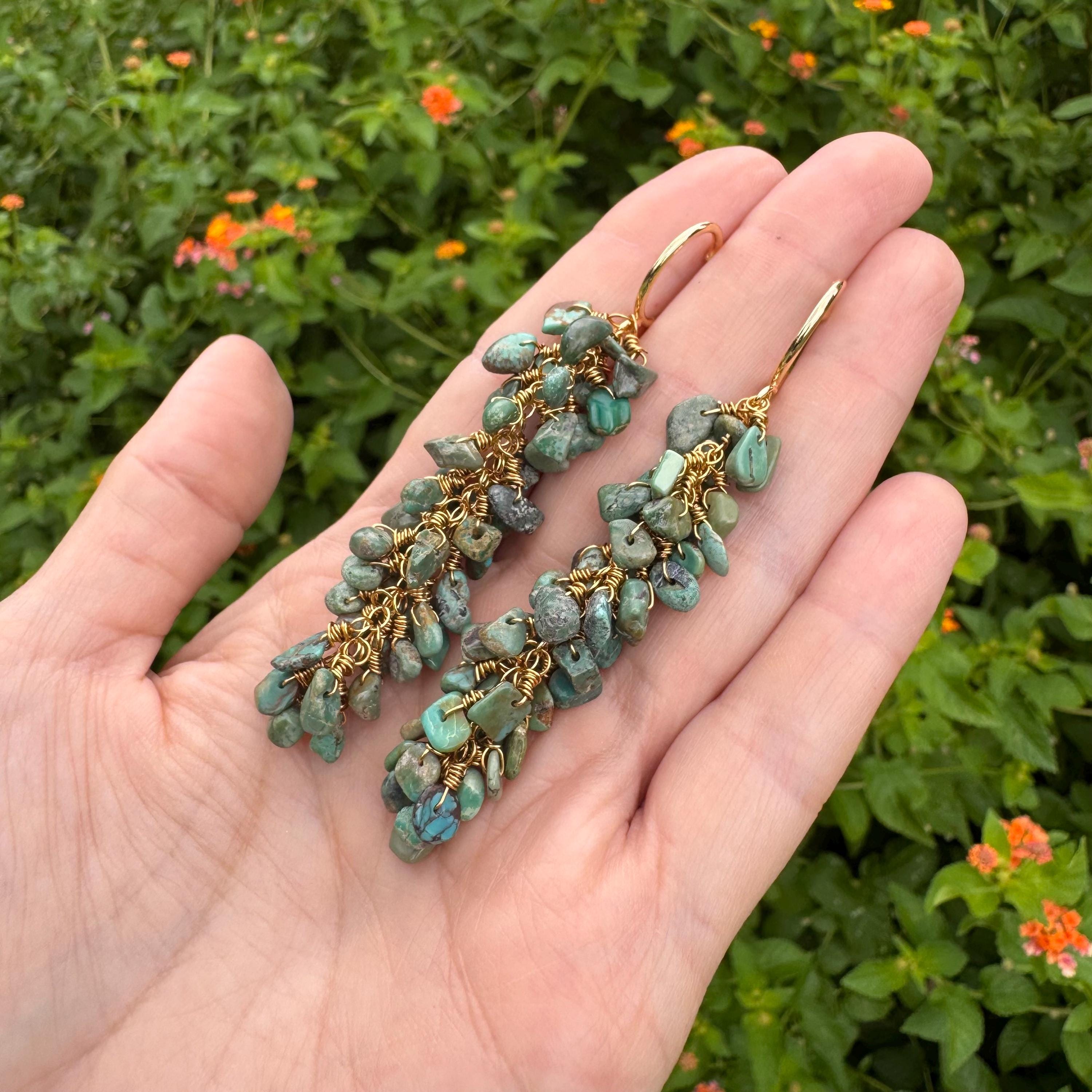 Turquoise cluster Hoop Earrings: wire wrapped, Handmade Adriana Soto Joyeria