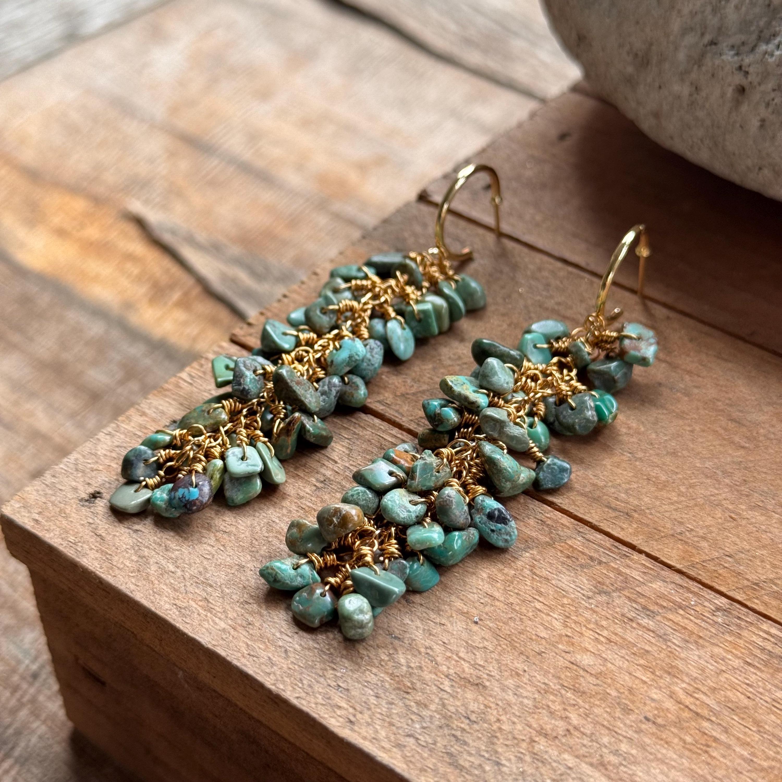 Turquoise cluster Hoop Earrings: wire wrapped, Handmade Adriana Soto Joyeria