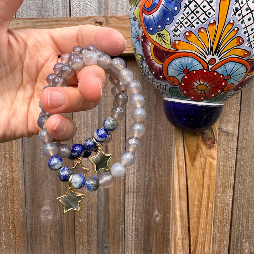 Lapis & Grey Agate Stretch Bracelet: Abalone Star Charm Adriana Soto Joyeria