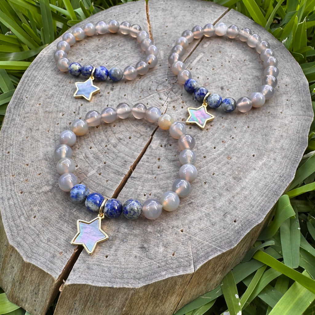 Lapis & Grey Agate Stretch Bracelet: Abalone Star Charm Adriana Soto Joyeria