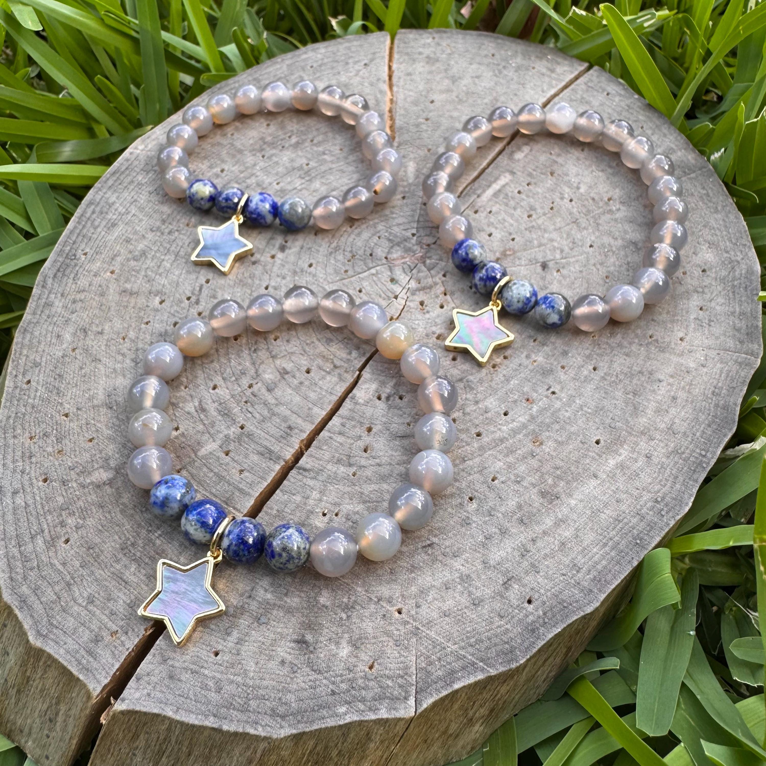 Lapis & Grey Agate Stretch Bracelet: Abalone Star Charm Adriana Soto Joyeria