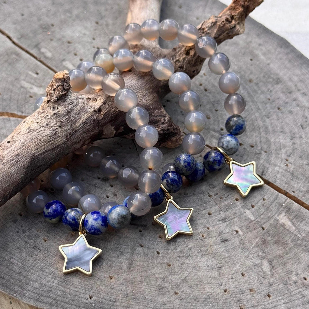 Lapis & Grey Agate Stretch Bracelet: Abalone Star Charm Adriana Soto Joyeria