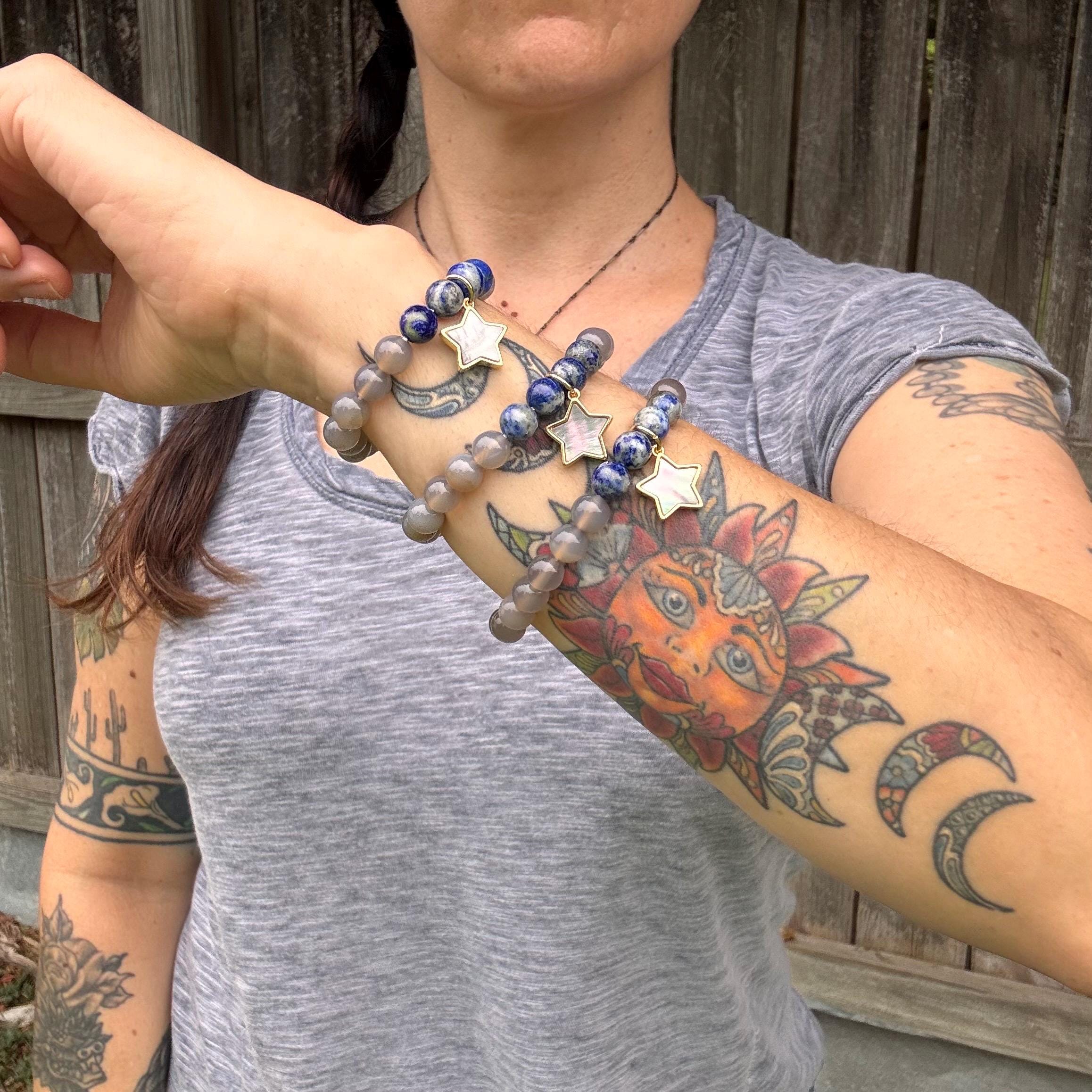 Lapis & Grey Agate Stretch Bracelet: Abalone Star Charm Adriana Soto Joyeria
