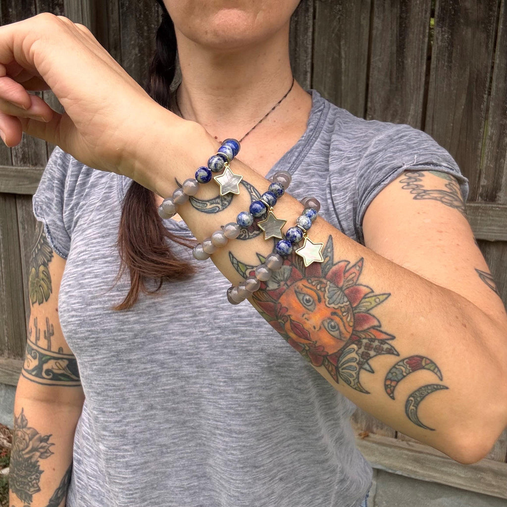 Lapis & Grey Agate Stretch Bracelet: Abalone Star Charm Adriana Soto Joyeria