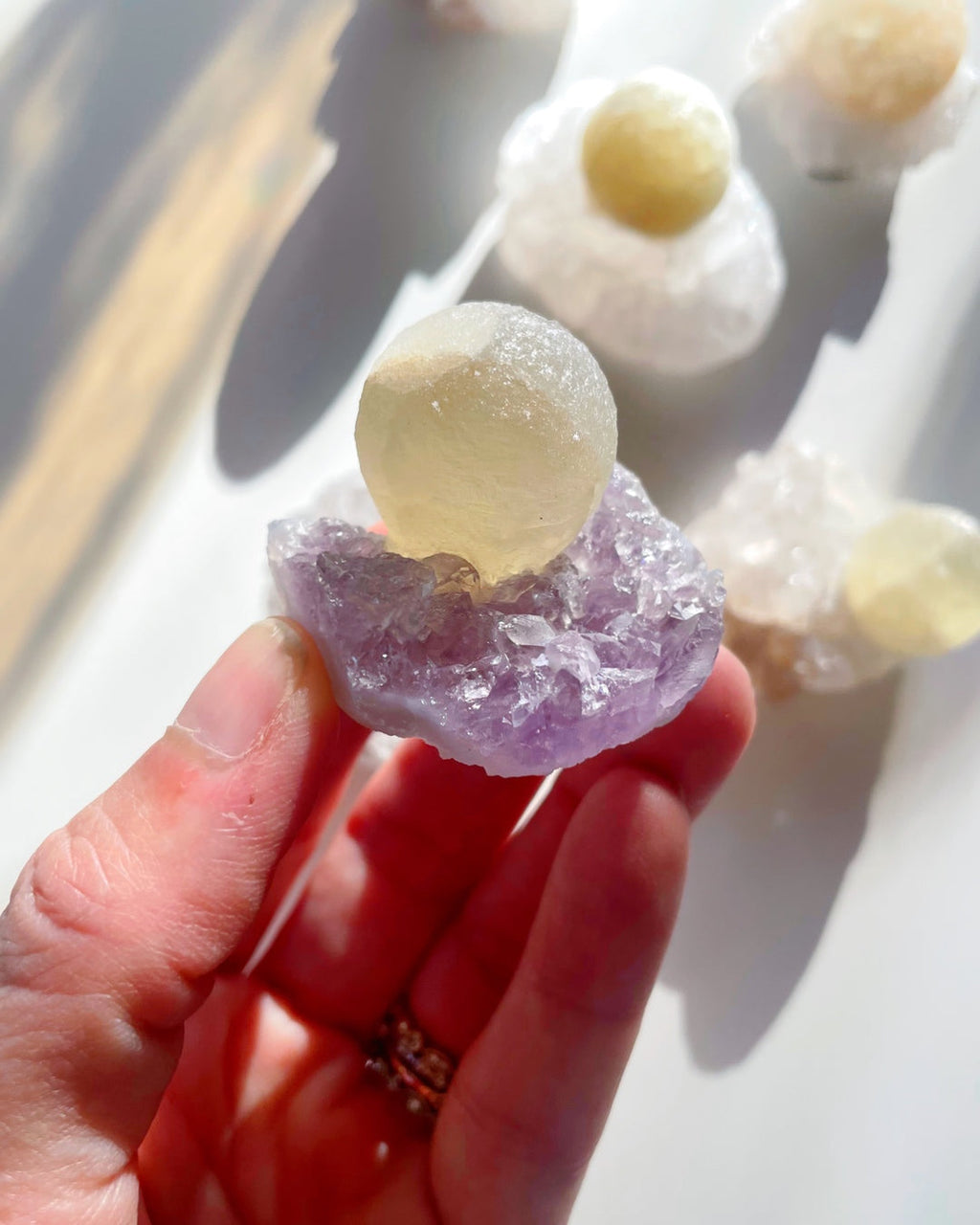 Rare Botryoidal Fluorite on Amethyst “Fried Egg” Baltic Mermaid