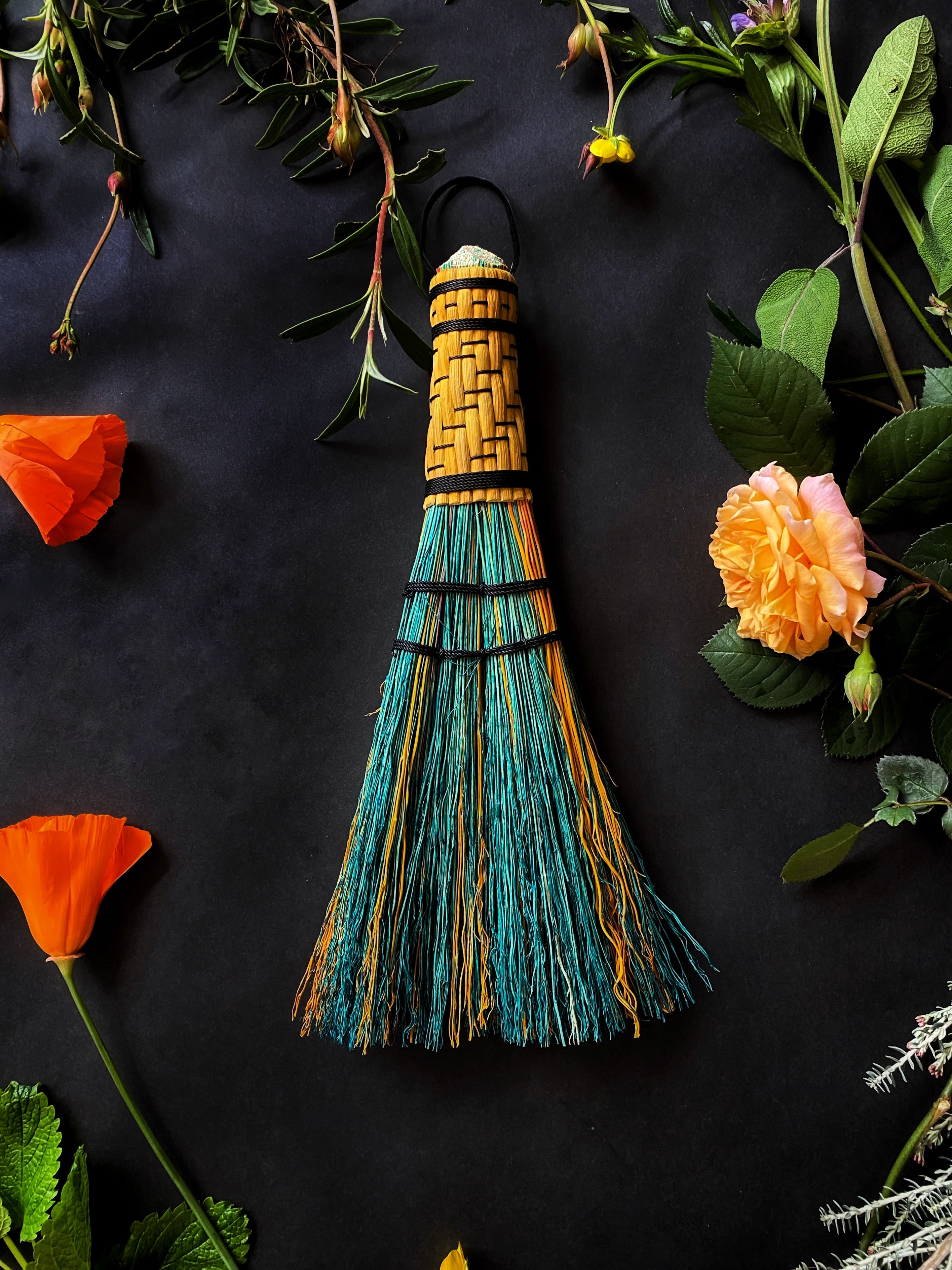 Hand Dyed, Woven Handle Stitched Hand Broom Keven Craft Rituals