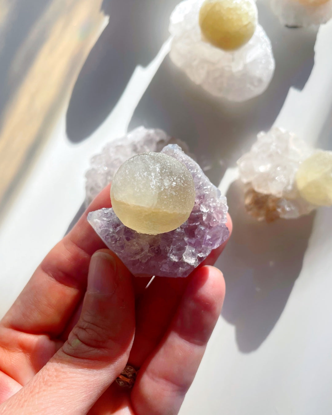 Rare Botryoidal Fluorite on Amethyst “Fried Egg” Baltic Mermaid