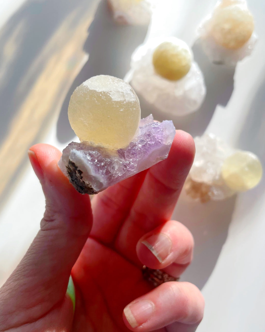 Rare Botryoidal Fluorite on Amethyst “Fried Egg” Baltic Mermaid