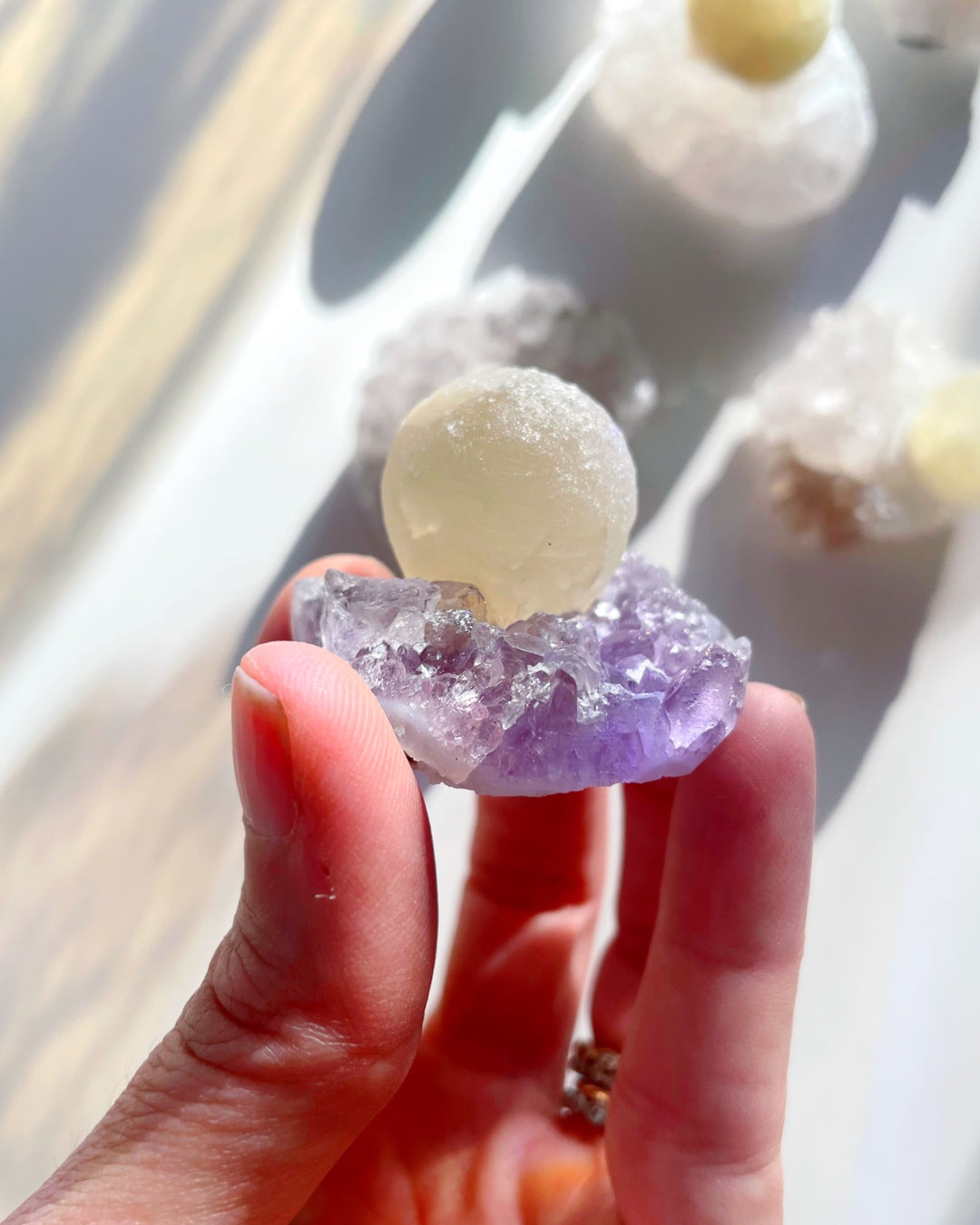 Rare Botryoidal Fluorite on Amethyst “Fried Egg” Baltic Mermaid