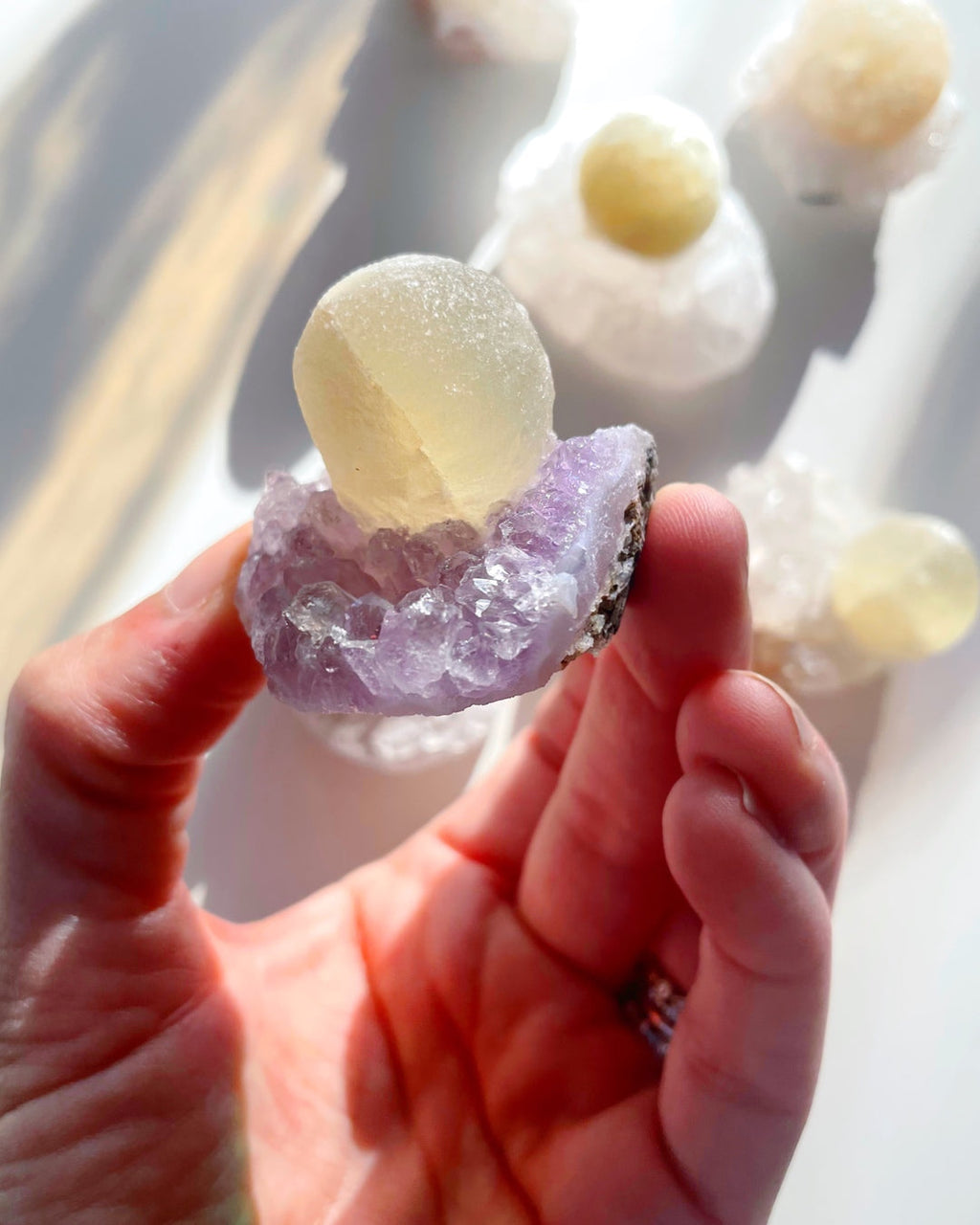 Rare Botryoidal Fluorite on Amethyst “Fried Egg” Baltic Mermaid