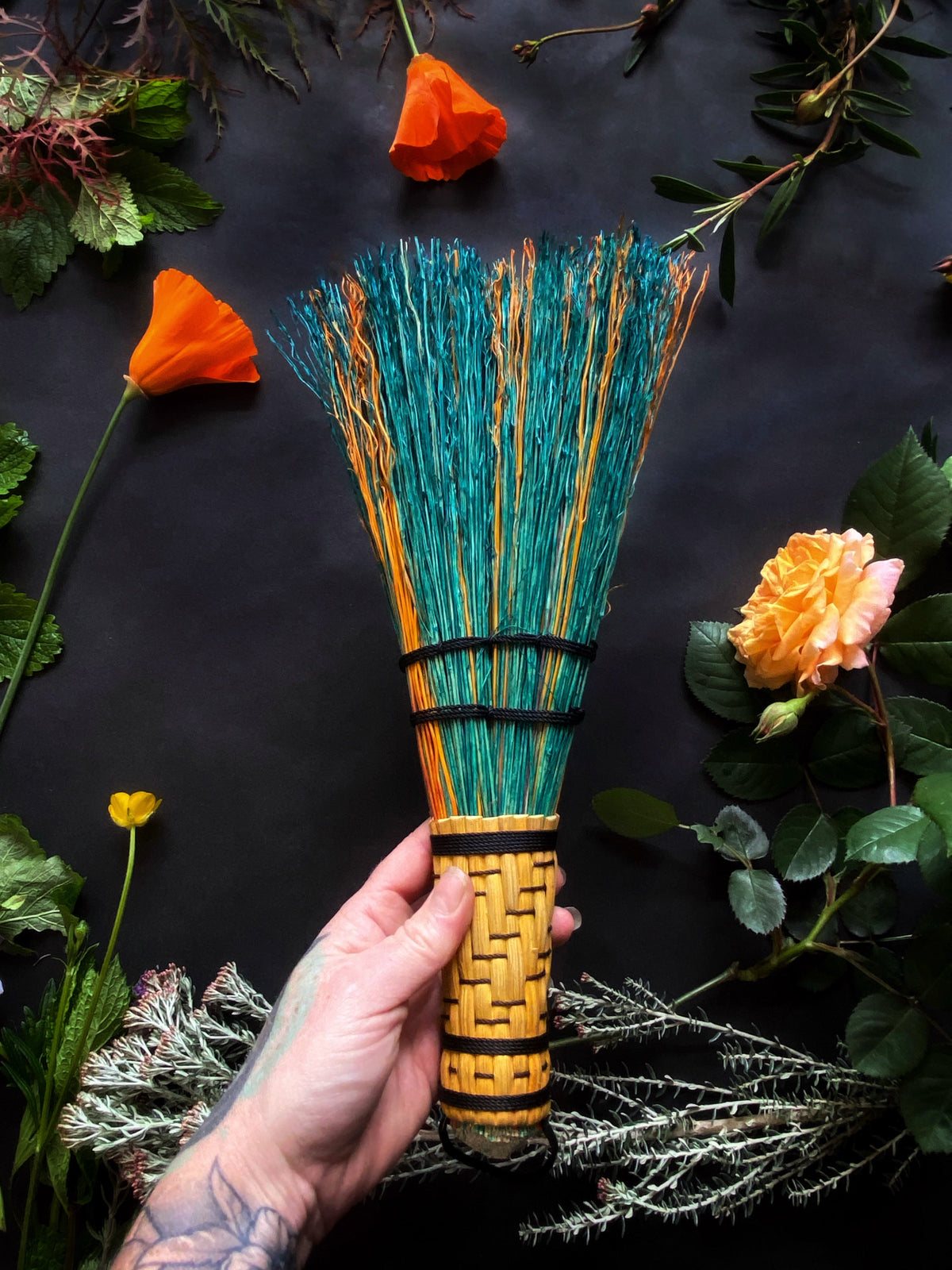 Hand Dyed, Woven Handle Stitched Hand Broom Keven Craft Rituals