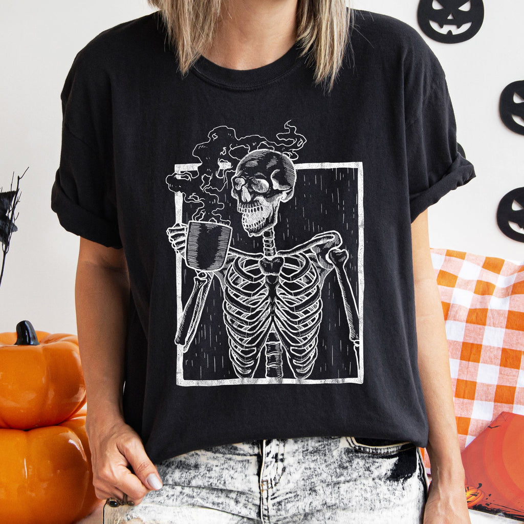 Skeleton And Coffee Retro Halloween Comfort Colors Tee Refinery No. 1