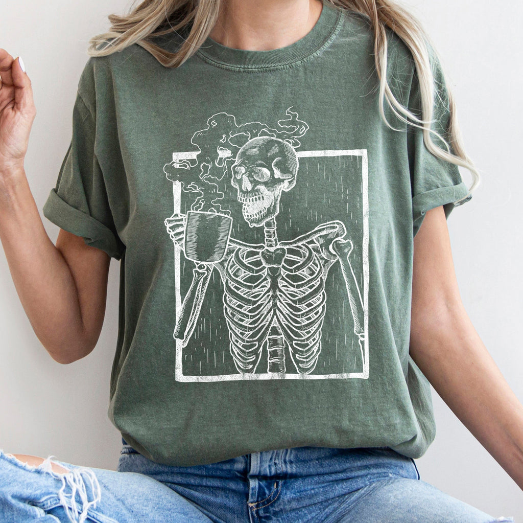 Skeleton And Coffee Retro Halloween Comfort Colors Tee Refinery No. 1
