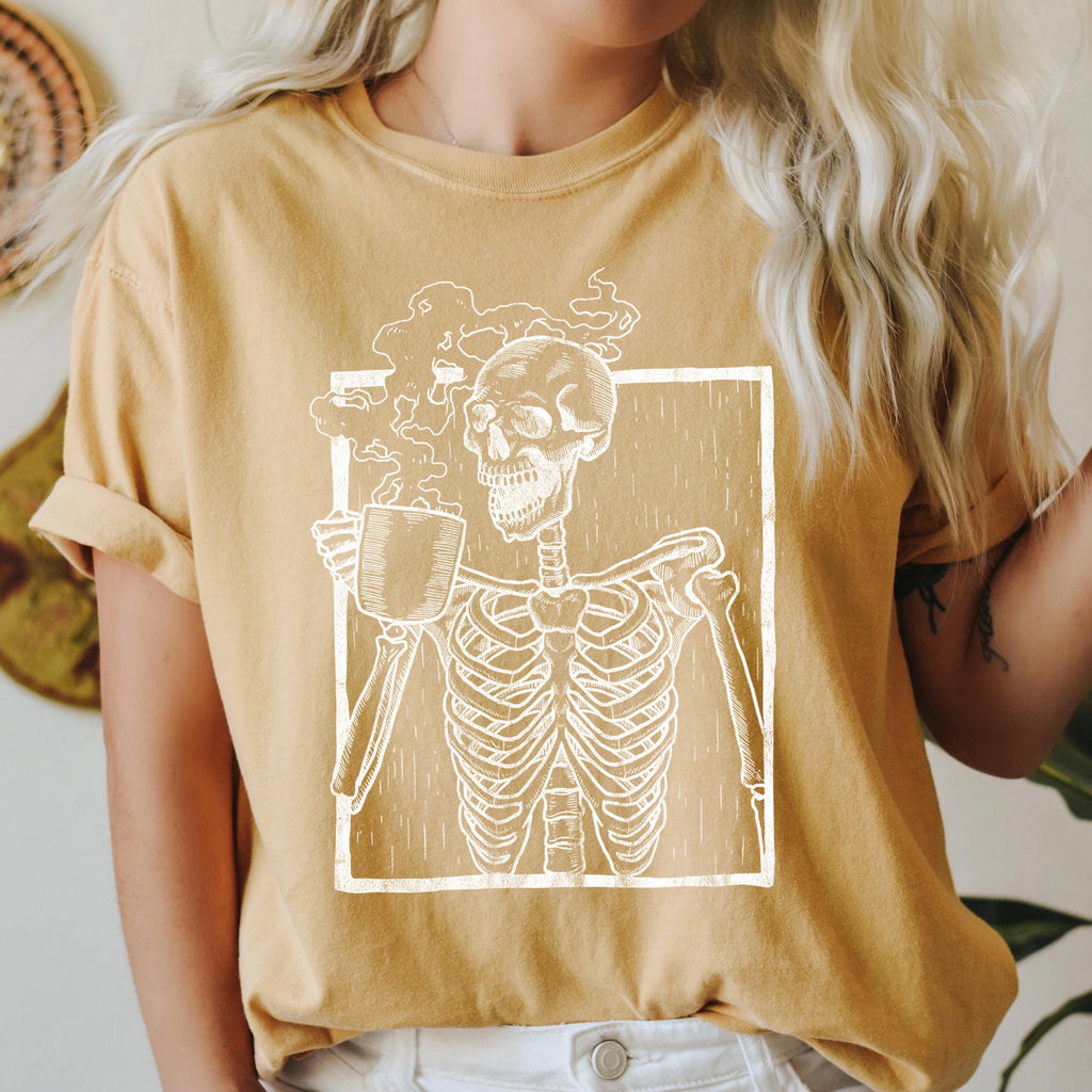 Skeleton And Coffee Retro Halloween Comfort Colors Tee Refinery No. 1