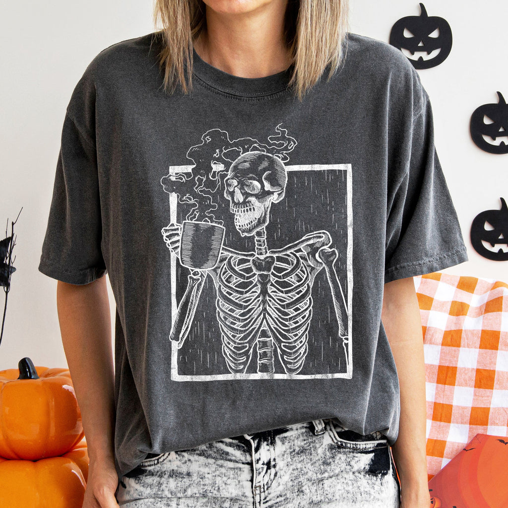 Skeleton And Coffee Retro Halloween Comfort Colors Tee Refinery No. 1