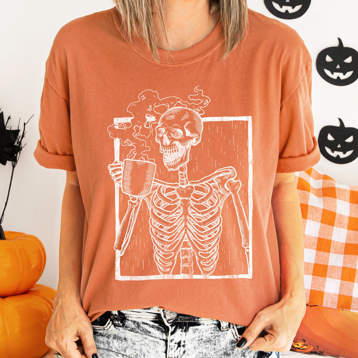 Skeleton And Coffee Retro Halloween Comfort Colors Tee Refinery No. 1